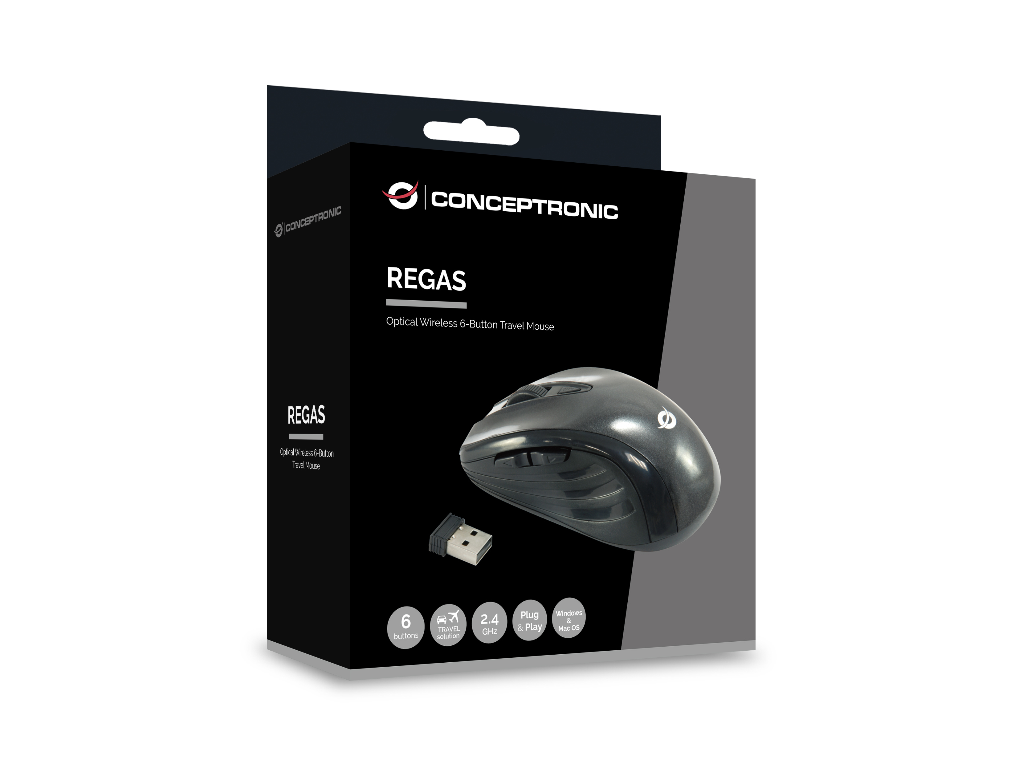 CONCEPTRONIC Reisemaus WLS USB-A/1600DPI/6Tasten R schwarz
