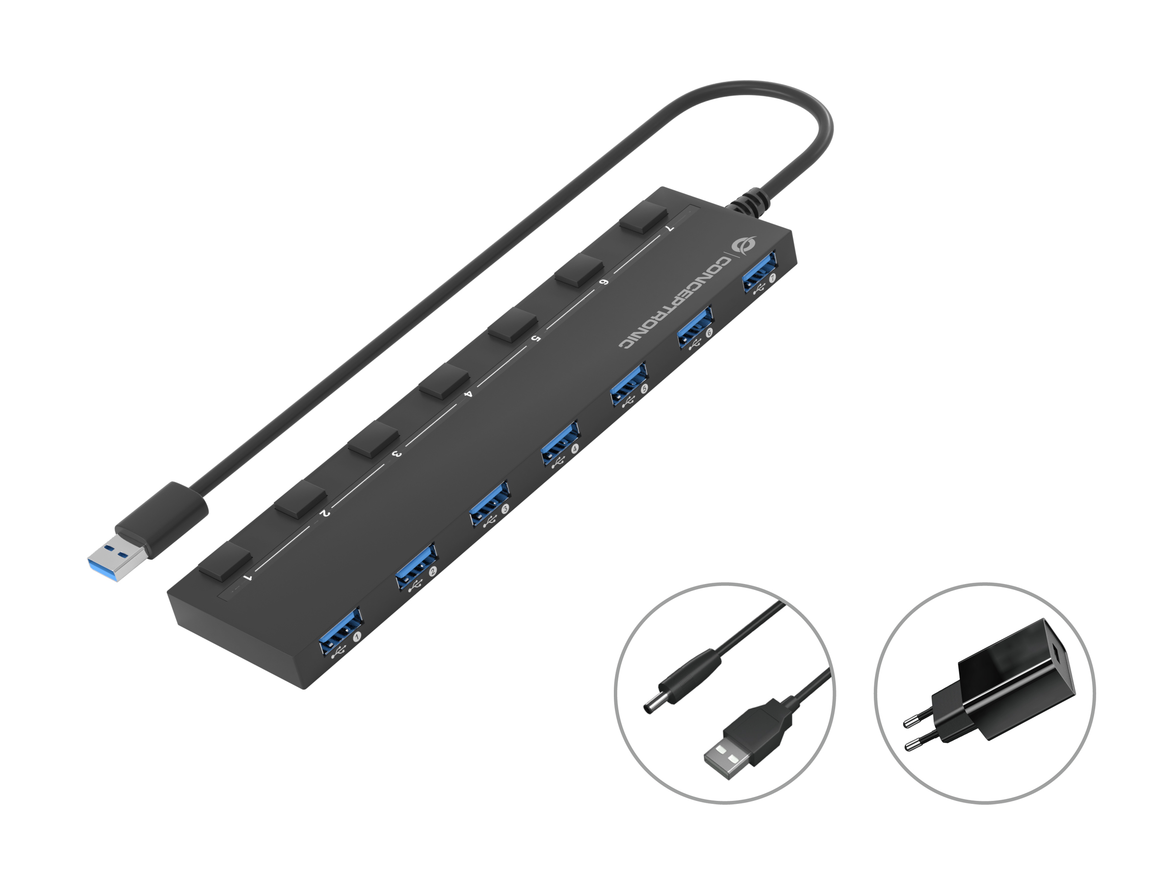 CONCEPTRONIC 7-Port Hub USB-A3.0->7xA3.2Gen1/&shy;DC m.Netz. sw