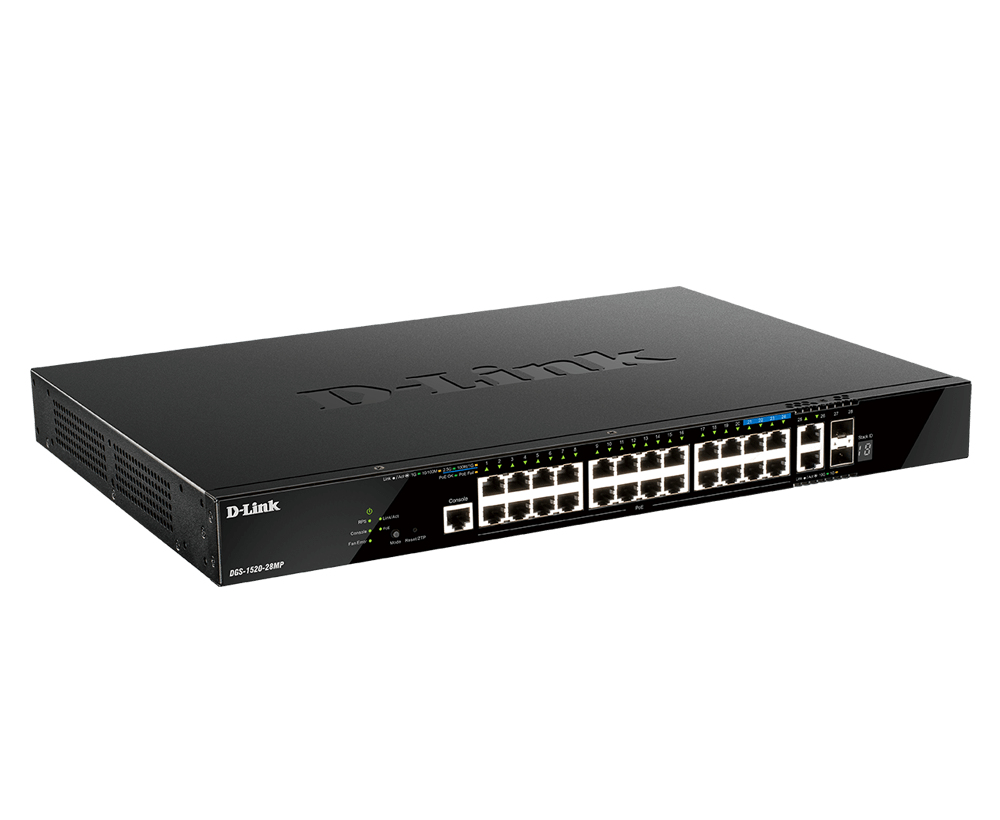 Switch 440mm D-Link DGS-1520-28MP/E 2*SFP+/ 2*XGE/20*GE PoE retail Switche