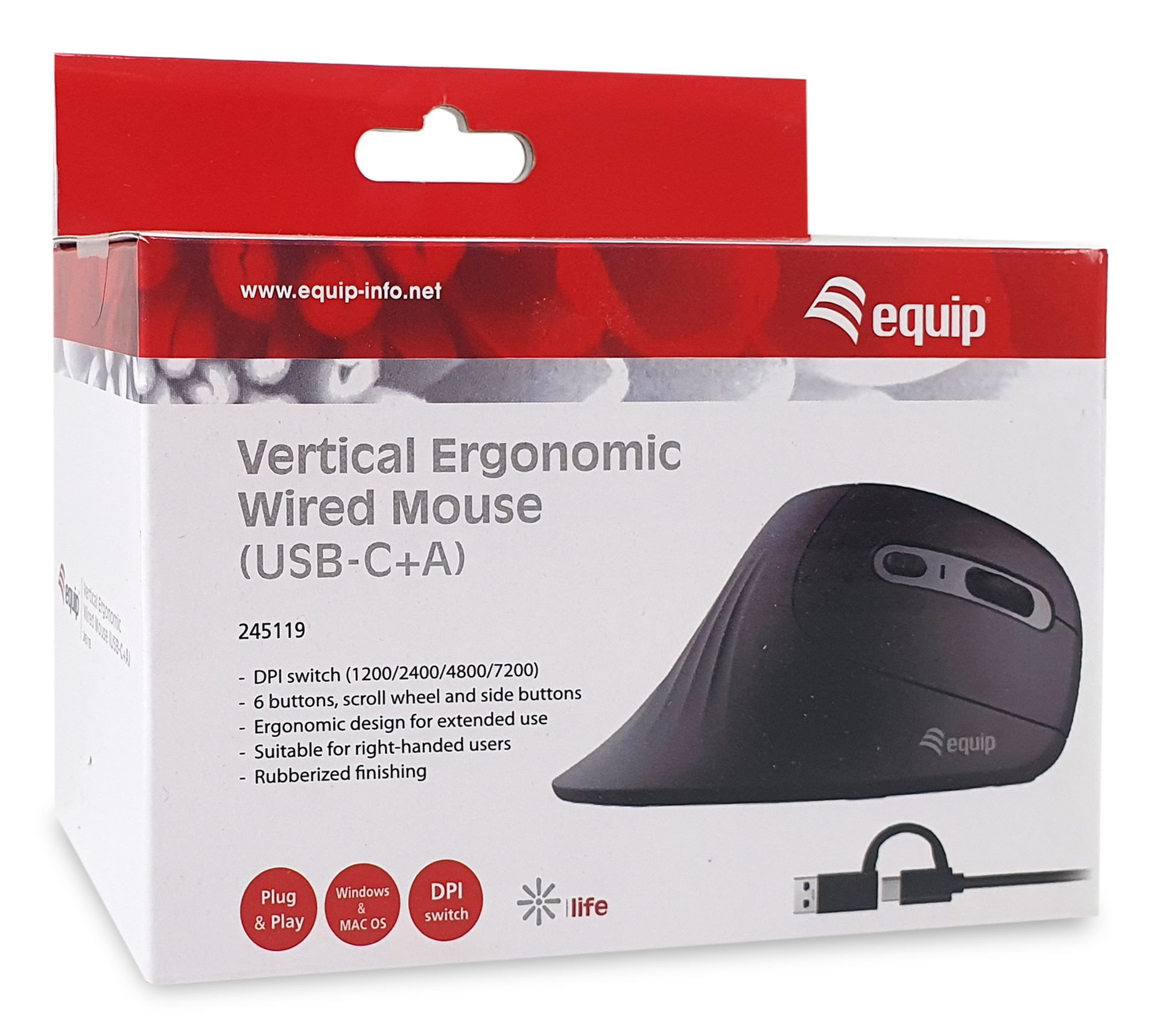 Equip Ergonomische Maus USB-A/-C Stker 1.80m Rechts  schwarz