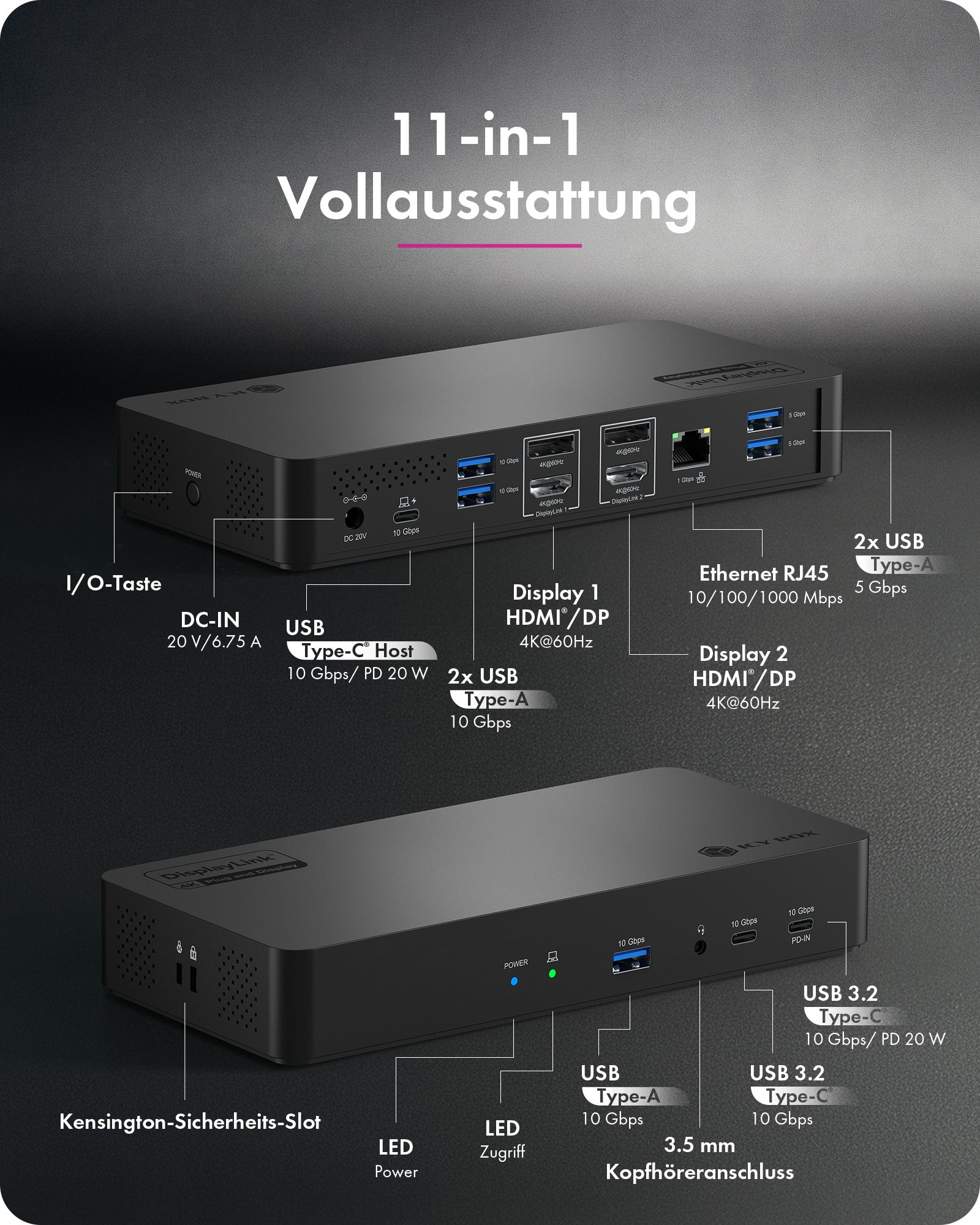 Dockingstation IcyBox Heart Dock 2255 zwei 4K@60Hz Displays