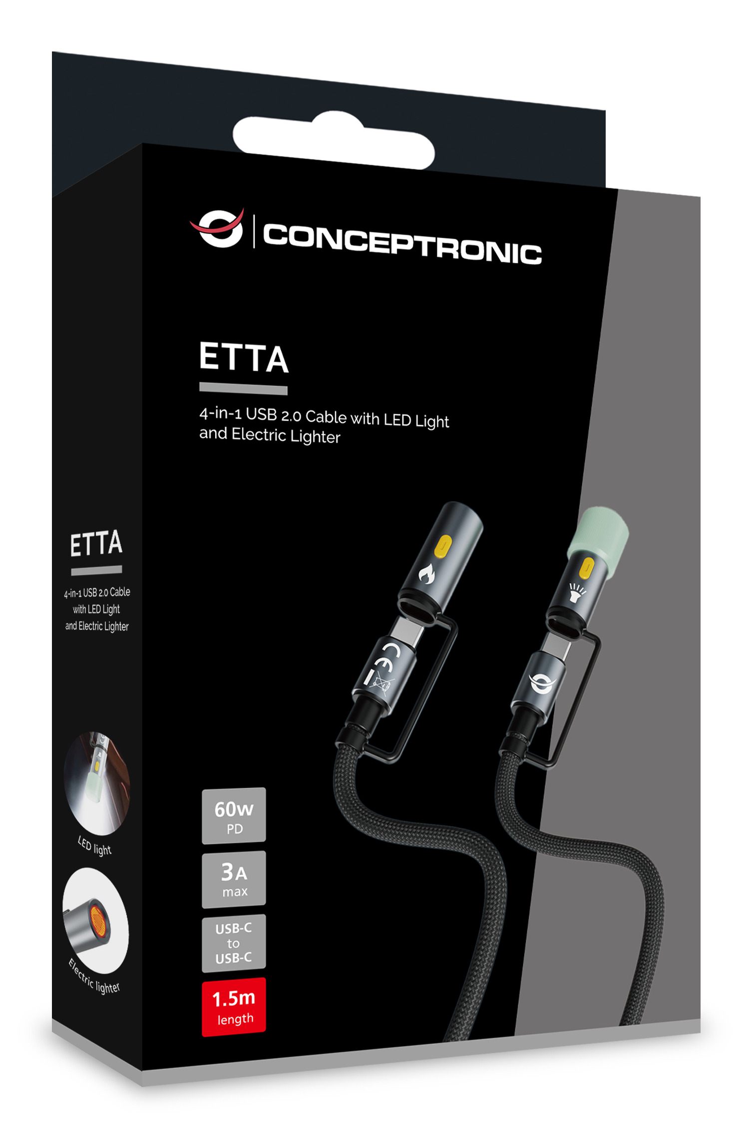 Conceptronic Kabel 4in1 USB-C2.0->C 60W/PD 480Mbs LED sw - Kabel