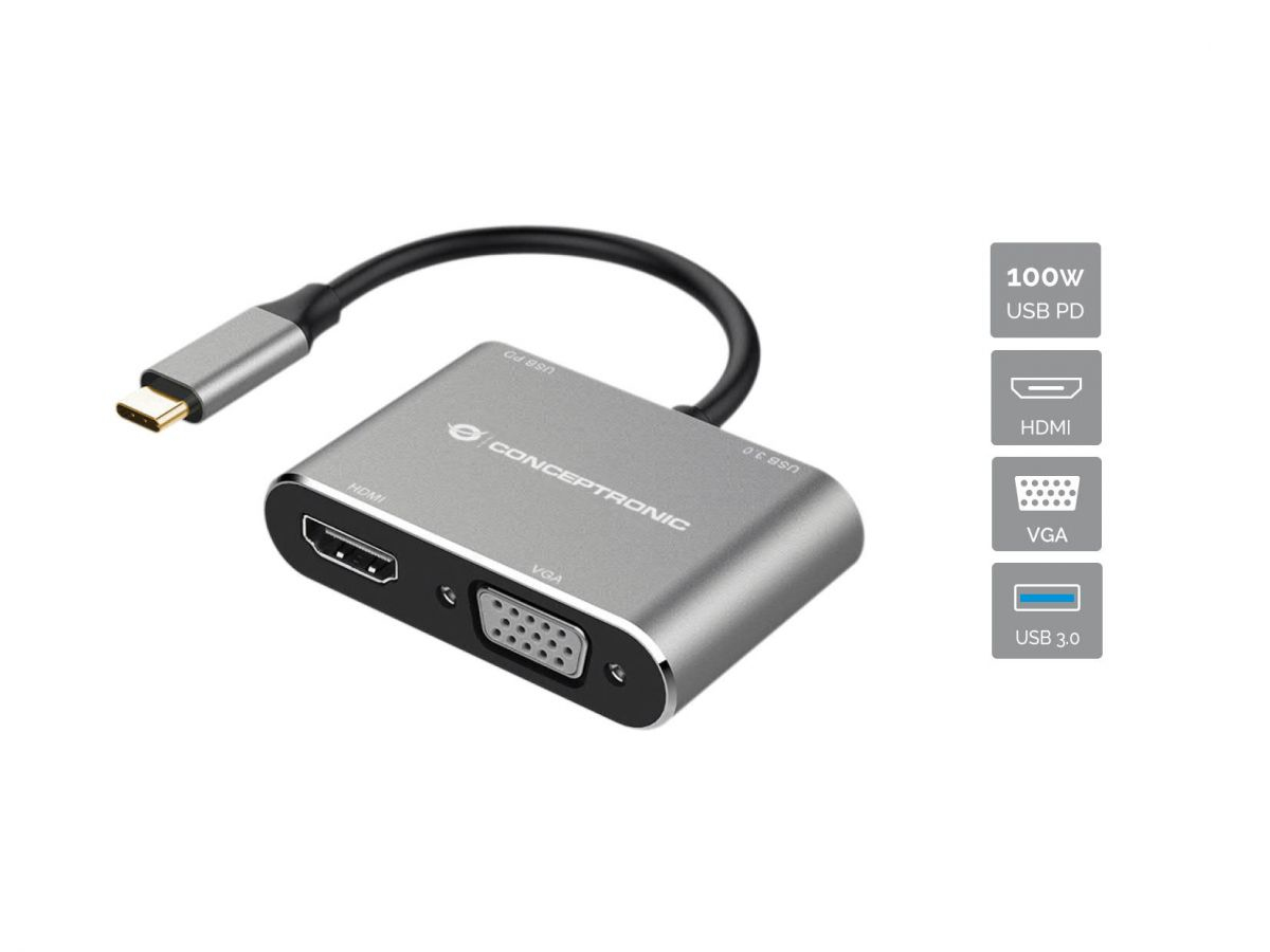 CONCEPTRONIC  4-1 Dock USB-C->HDMI/&shy;USB-A/&shy;VGA/&shy;100WPD  15cm gr