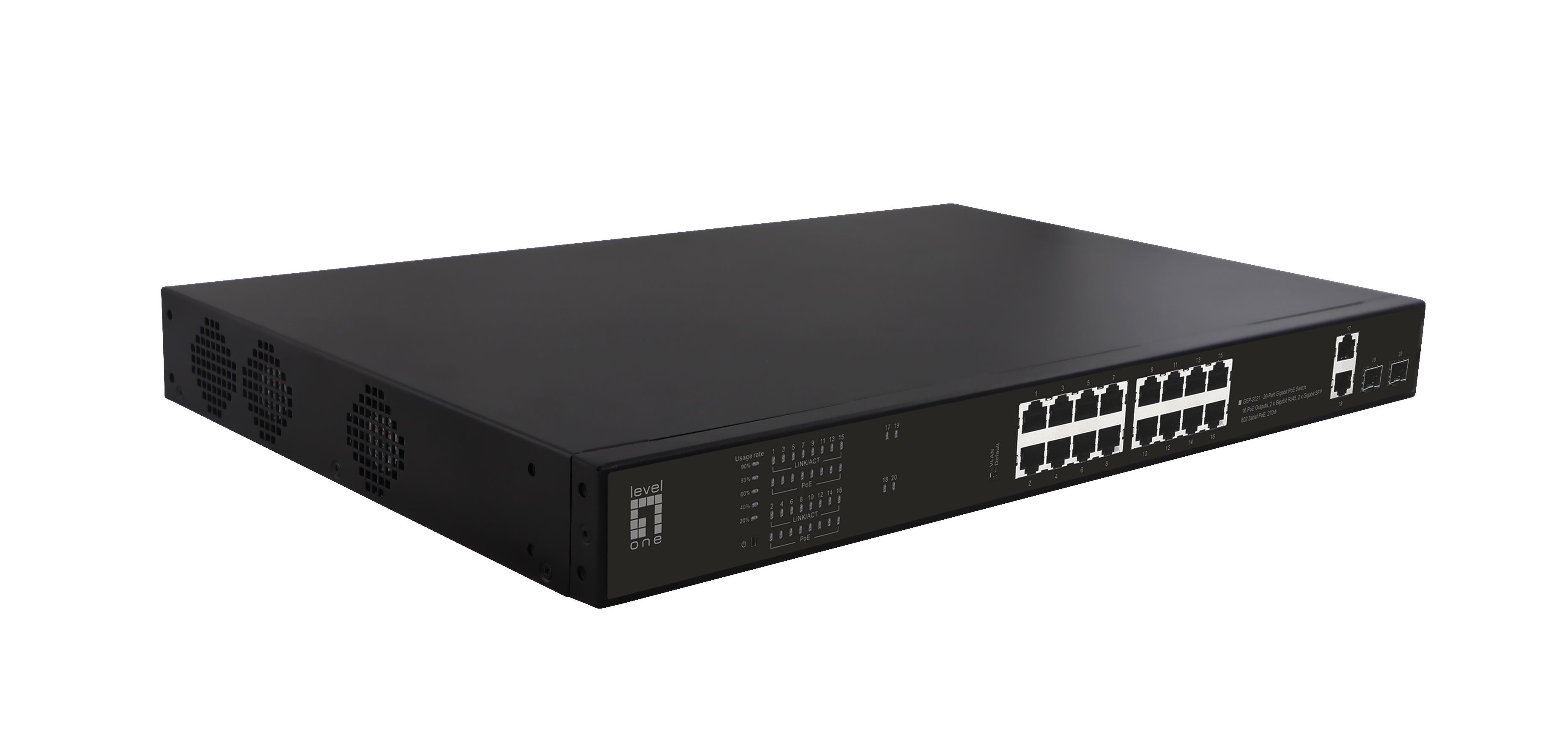 LevelOne PoE+Switch 16xGE PoE/2xGE/2xSFP 270W 19" unman.Met.