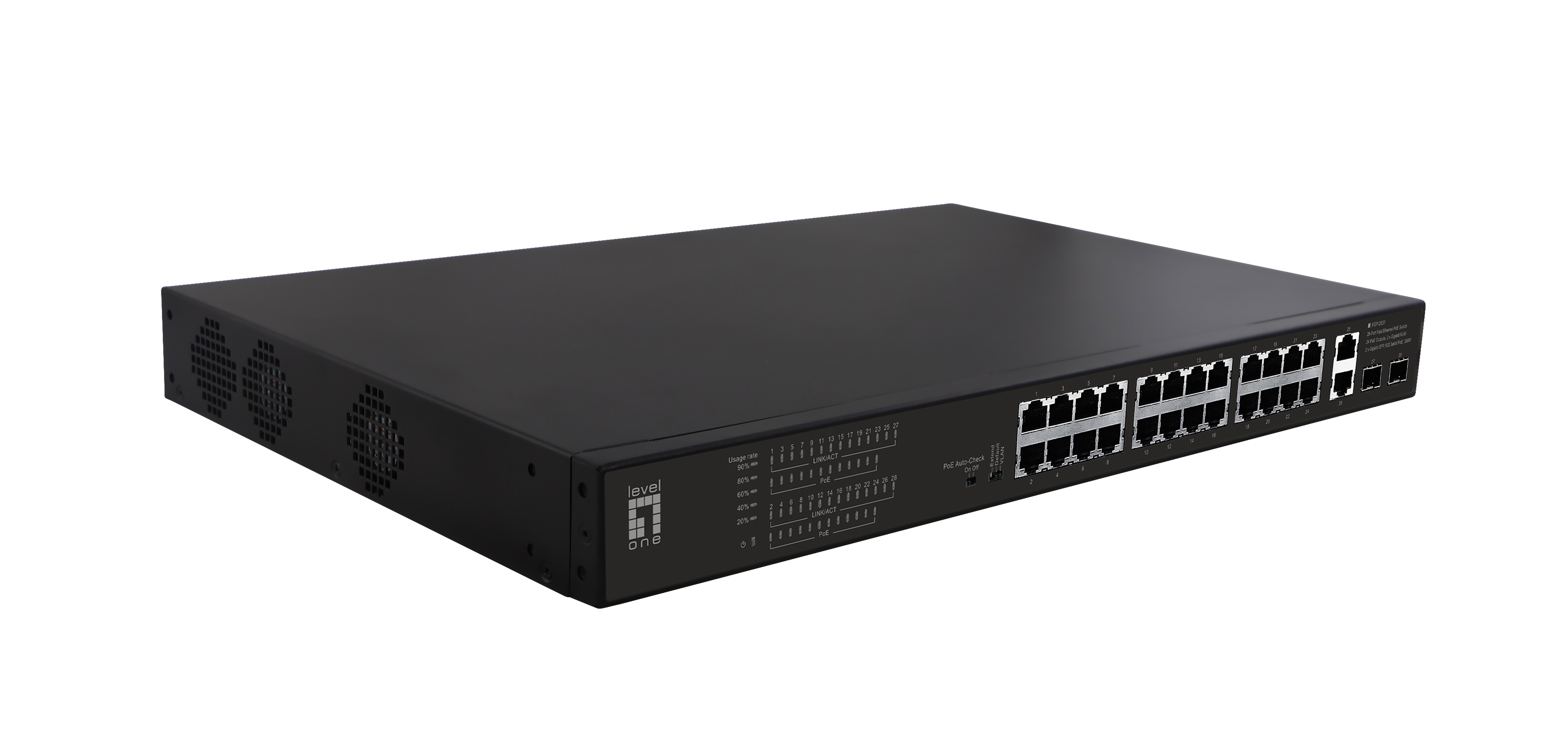 LevelOne PoE+Switch 24xFE PoE/2xGE/2xSFP 390W 19"unman.Metal