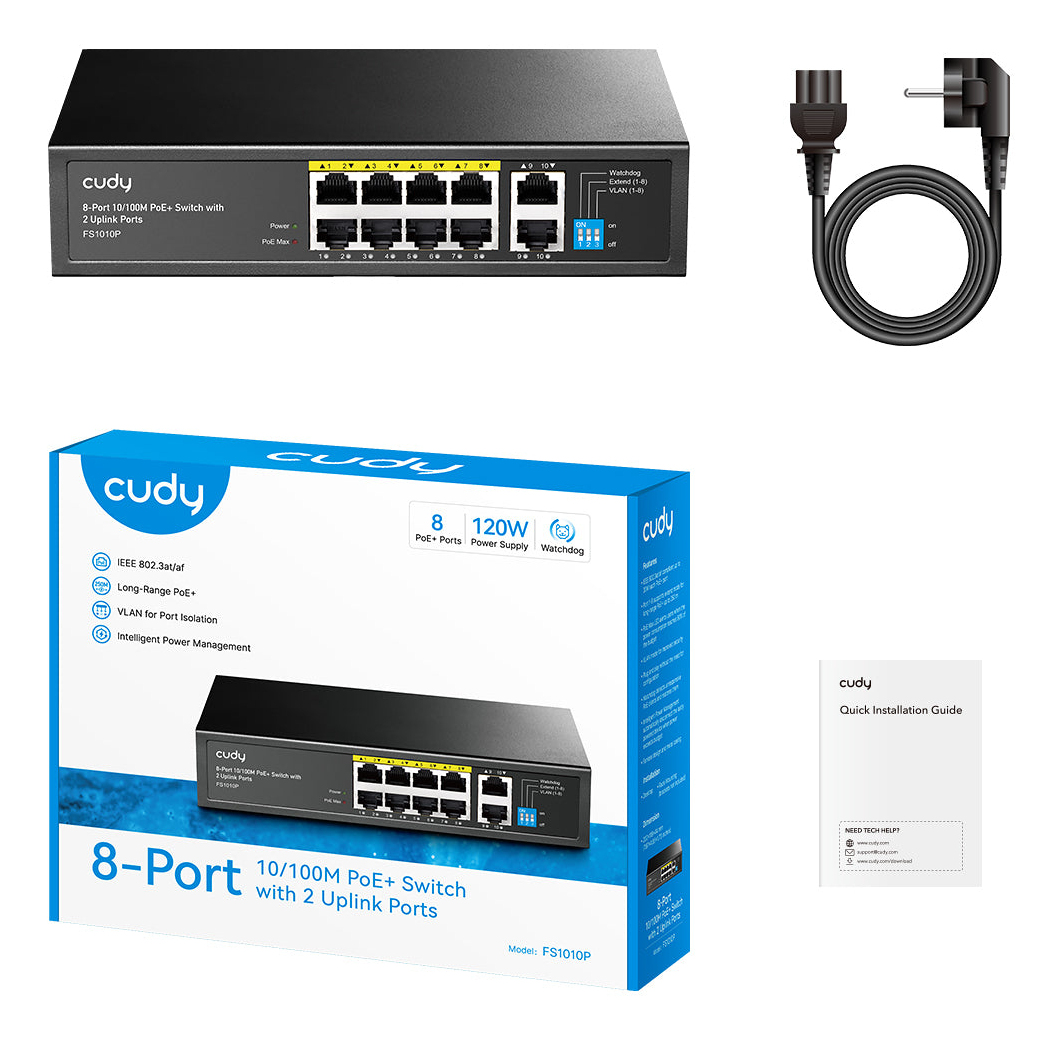 Cudy 8-Port 10/100M PoE+ Switch with 2 Uplink Ports 120W