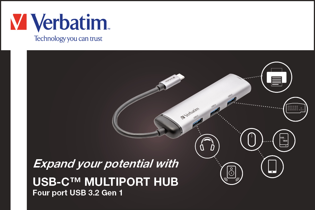 Verbatim 49147 USB-Hub 4 Port USB-A USB 3.2 Gen1 5 GBit/s mit USB-C® Stecker, LED-Anzeige Grau