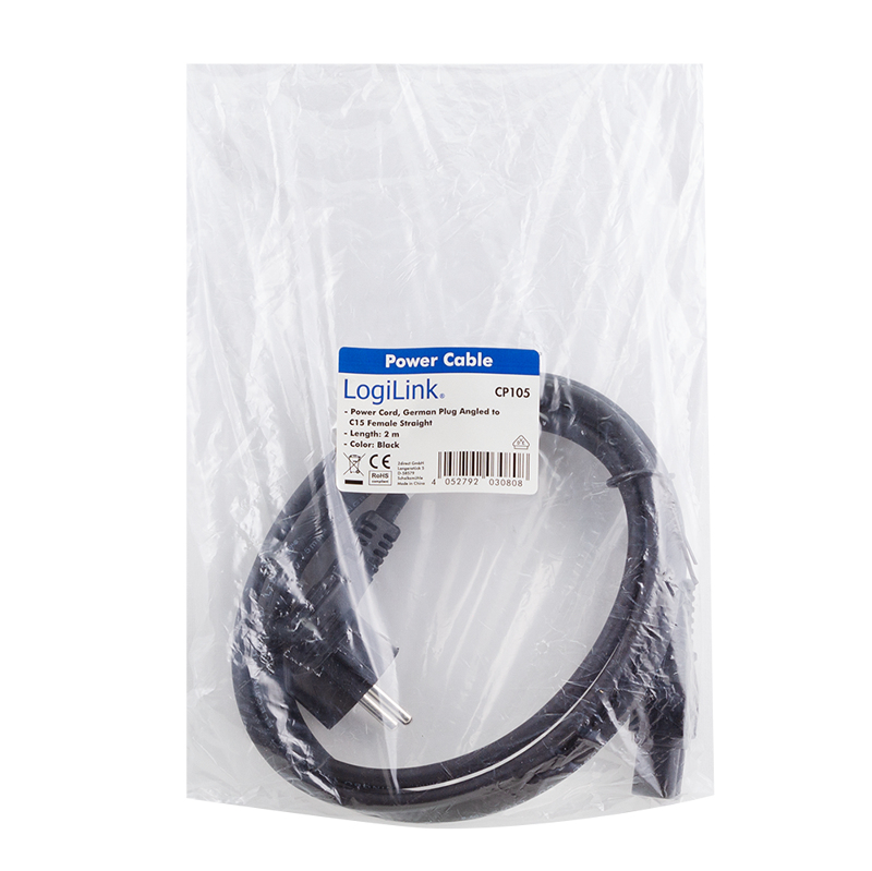 Logilink Warmgeräte Netzkabel Schukon.90° auf C15 gerade,2m Kabel