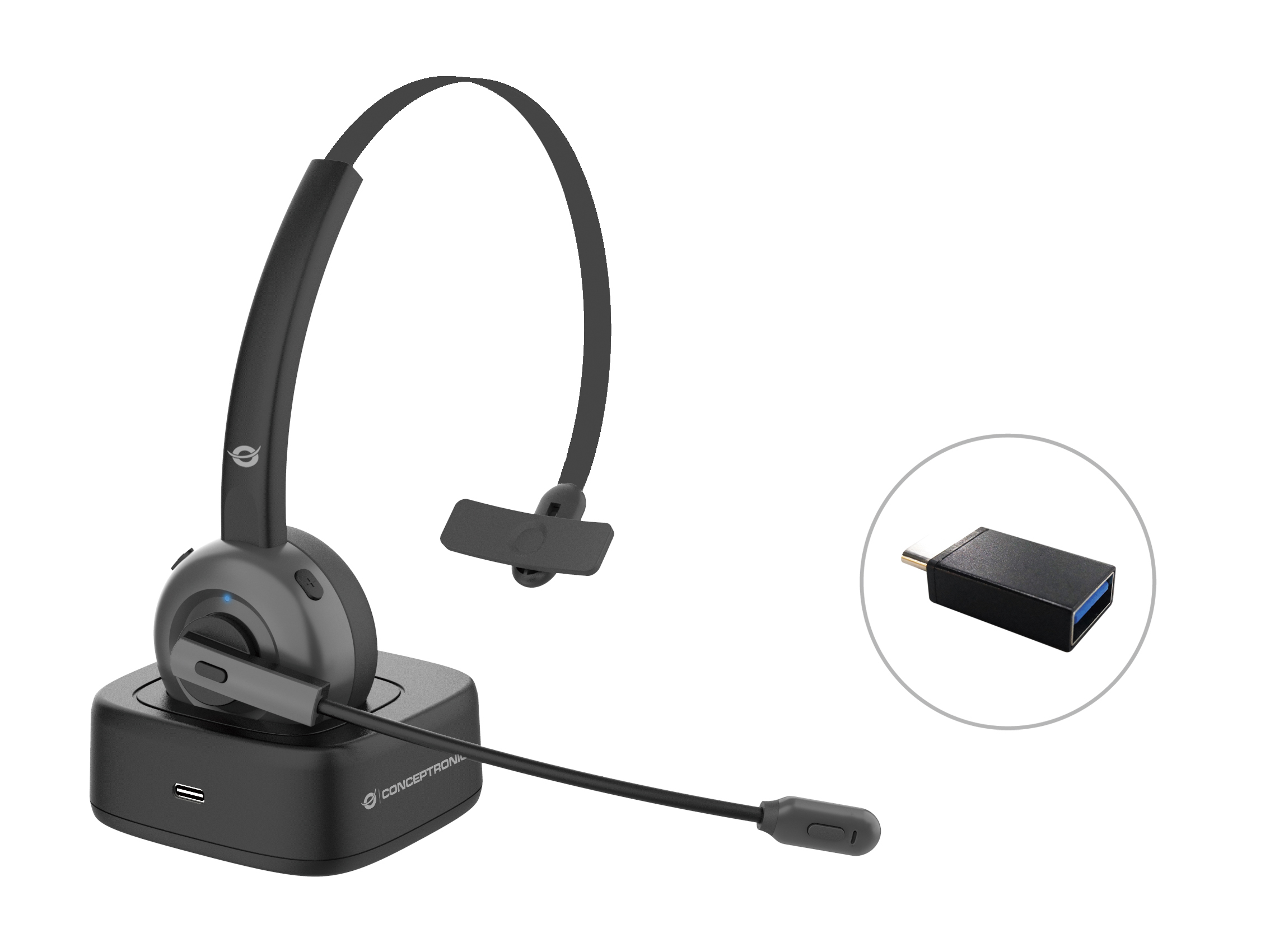 CONCEPTRONIC Headset Mono WLS BT5.0/&shy;Mikro/&shy;ANC/&shy;Dock  22Std sw