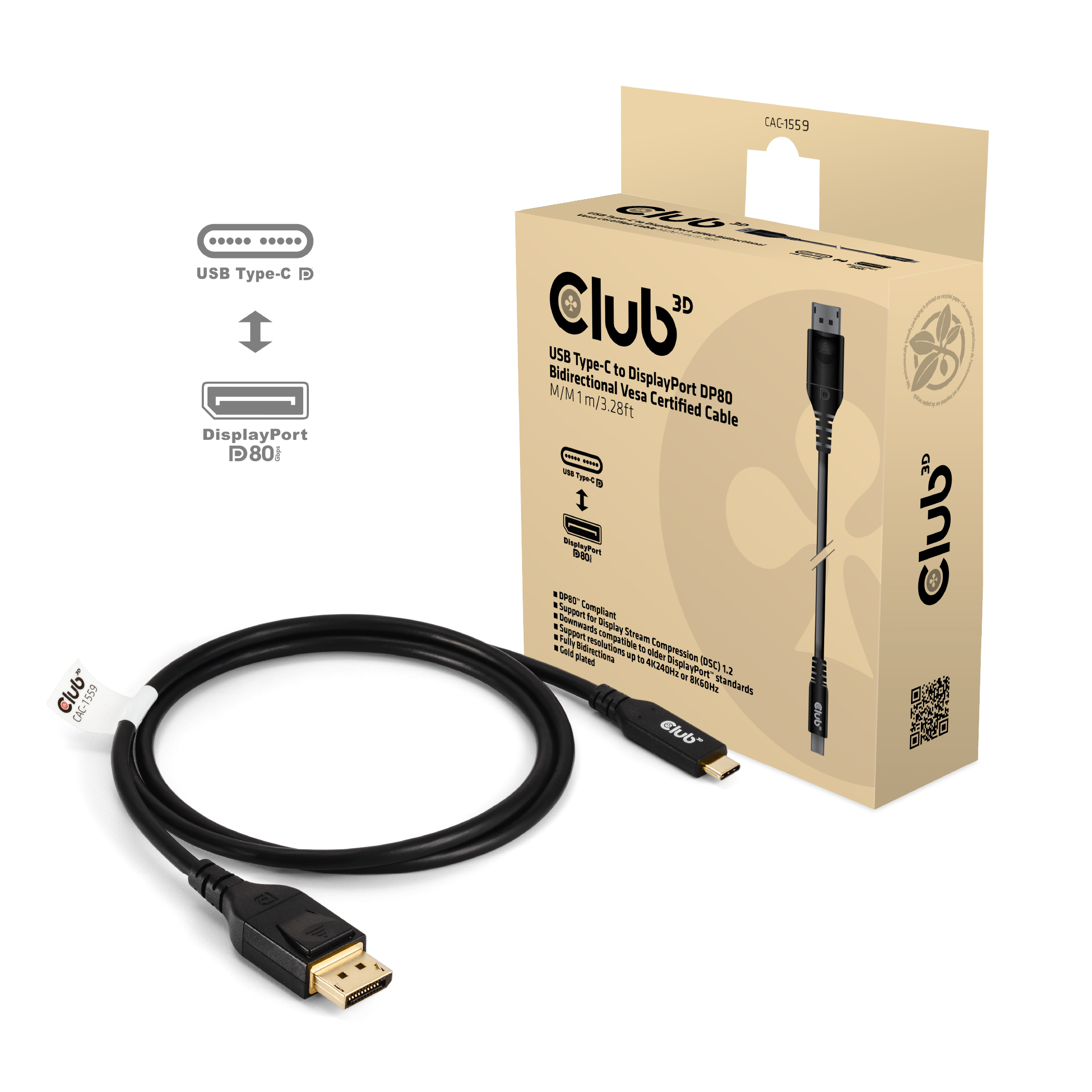 Club3D Kabel USB Typ C <-> DP 2.1 1m 10K60Hz St/&shy;St retail