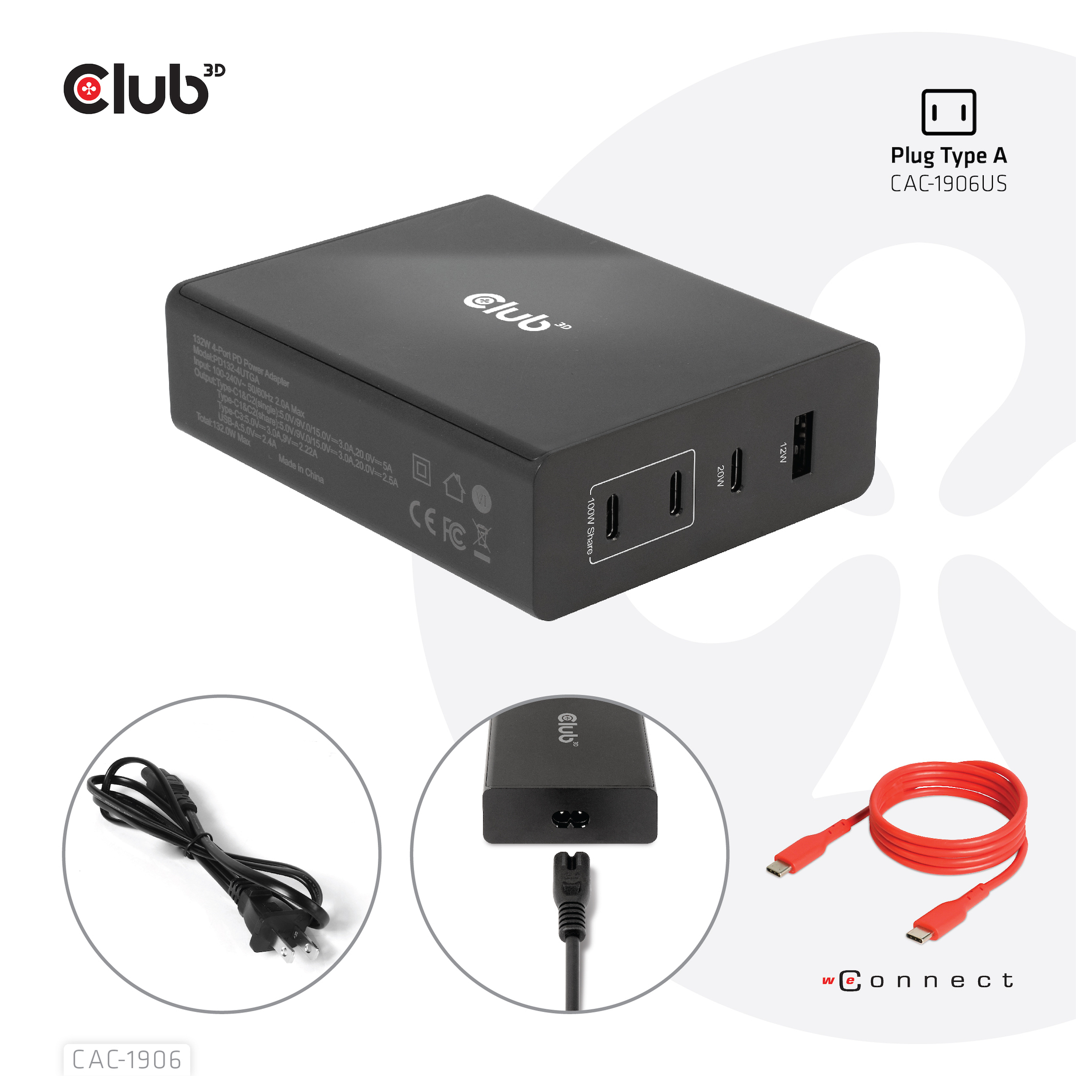 CLUB3D Travel Charger 132W GAN technology, Four port USB Type-A and -C, Power Delivery(PD) 3.0 Support