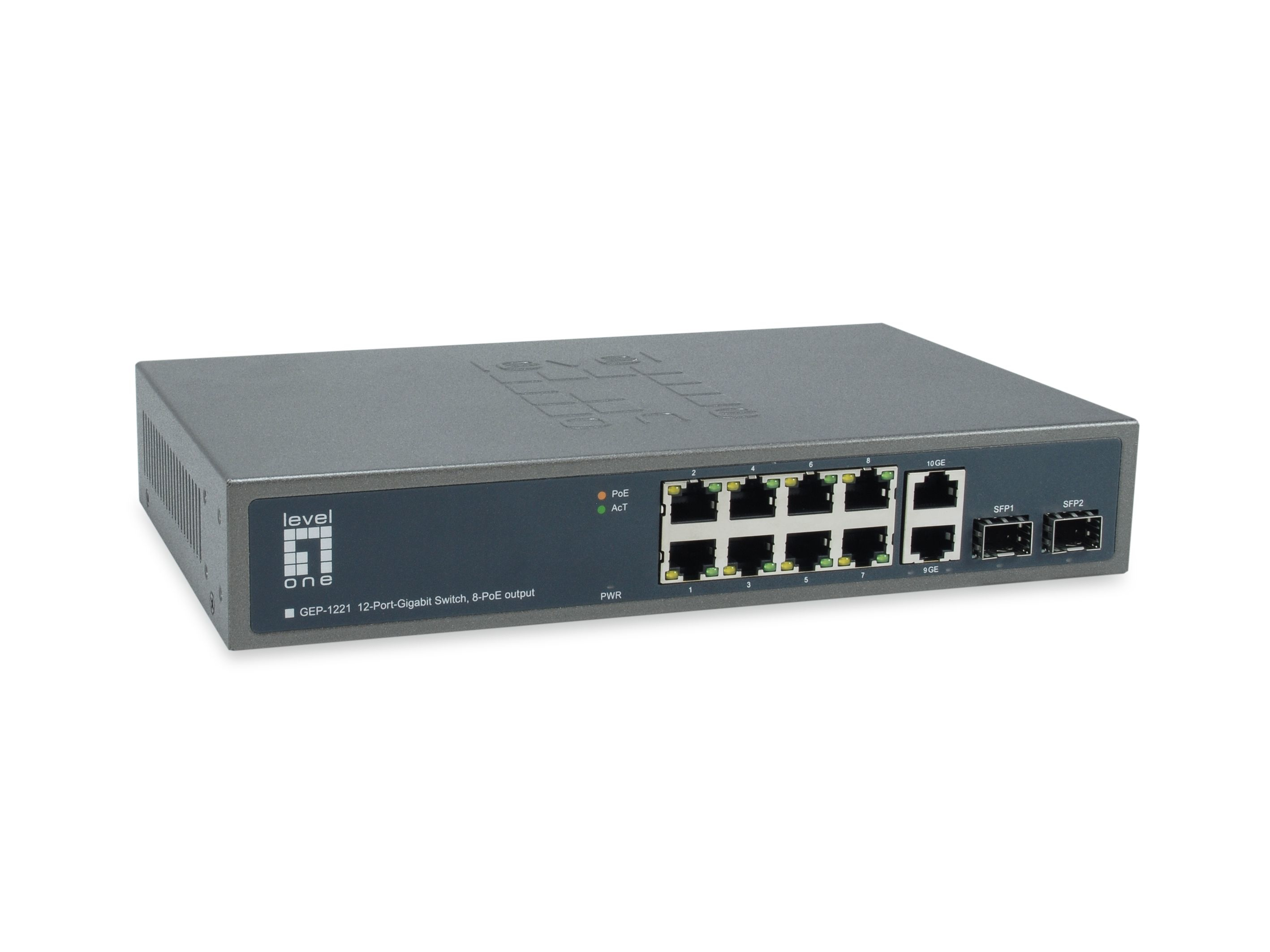 LevelOne PoE+Switch 8xGE PoE/&shy;2xGE/&shy;2xSFP 150W 19"unman.Metall