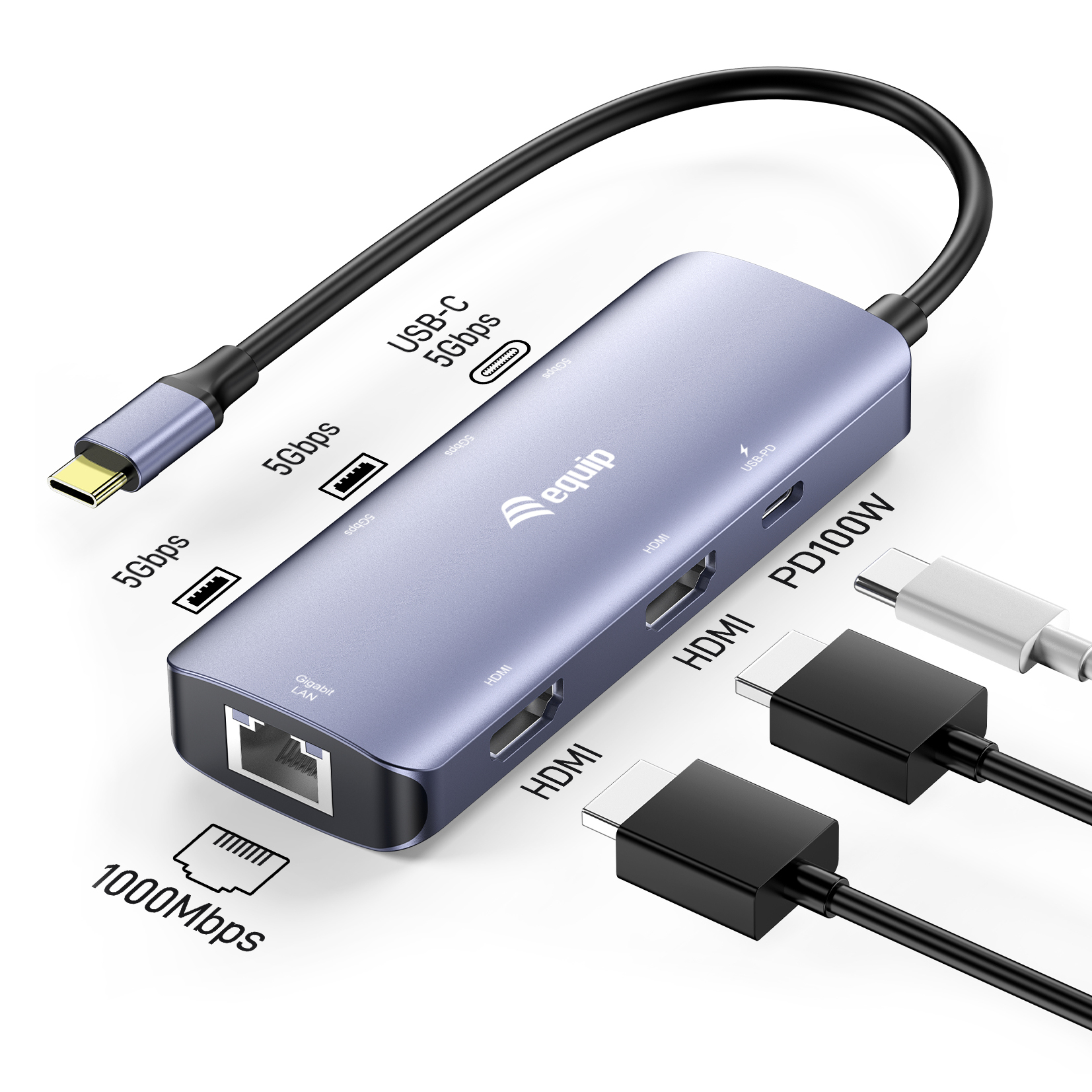 Equip Adapter USB-C->2xHDMI/RJ45/2xUSB-A/USB-C3.2 St/Bu grau