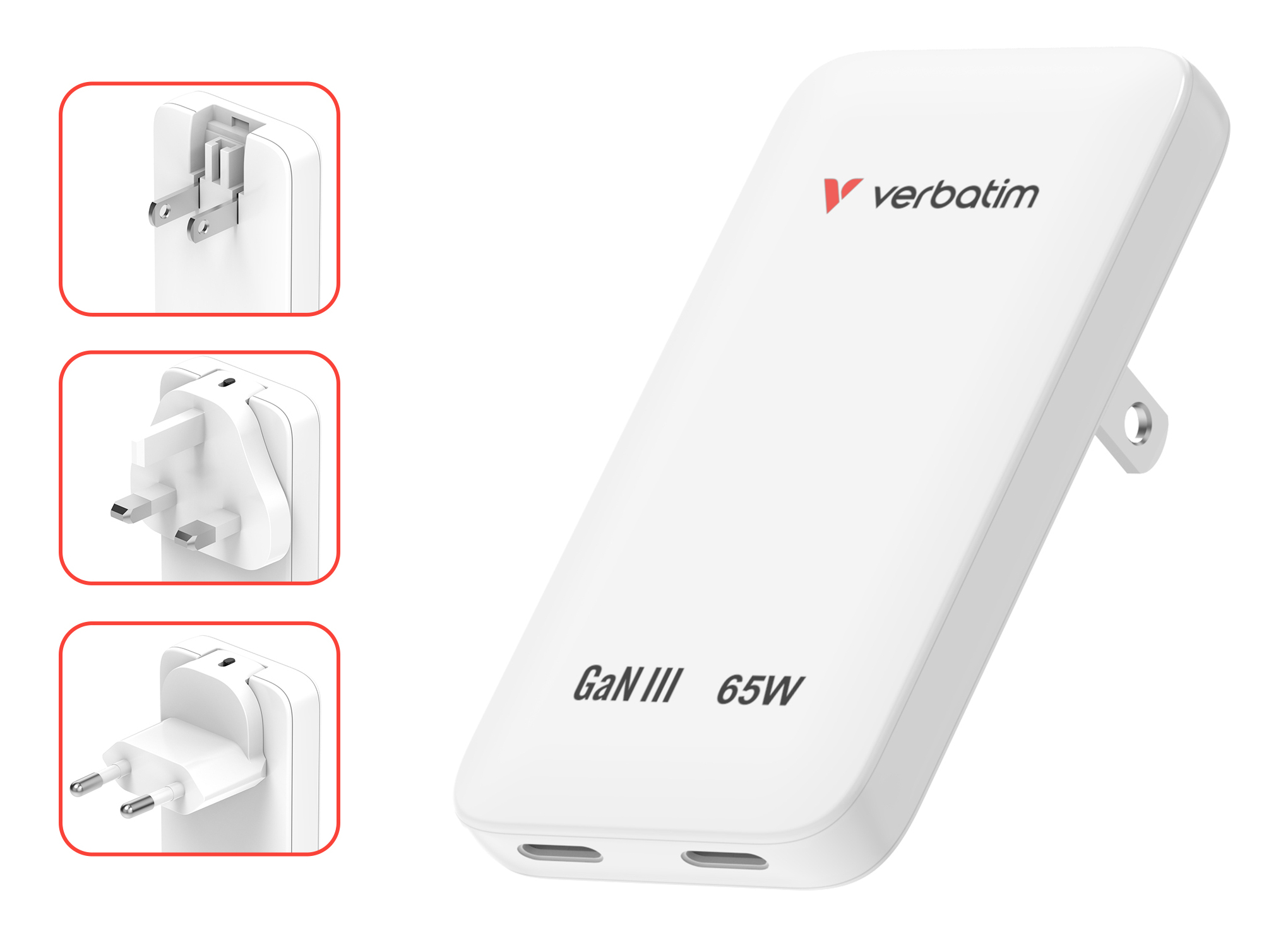 Verbatim Slim GaN Charger 2 Port 65W (EU/UK/US) White