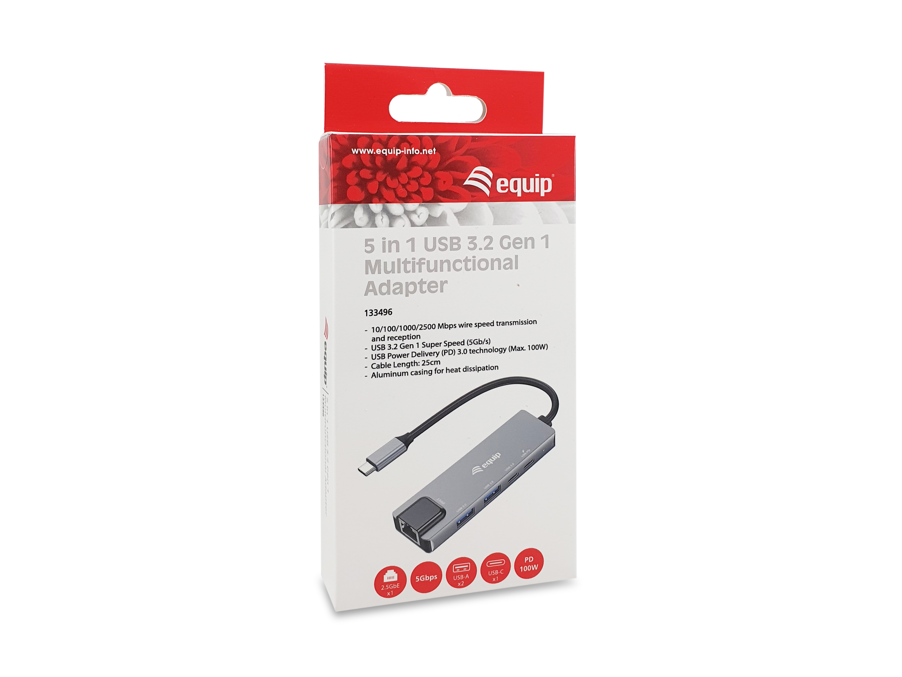 Equip Adapter USB-C->RJ45/2xUSB-A/USB-C/PD        0.25m Alu.