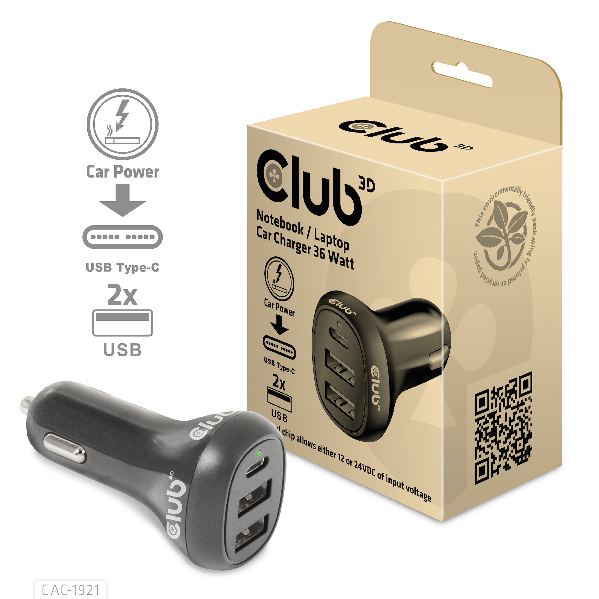 Club3D USB KFZ-Ladegerät 1xUSB C, 2xUSB A, 36W,  12/&shy;24V retail