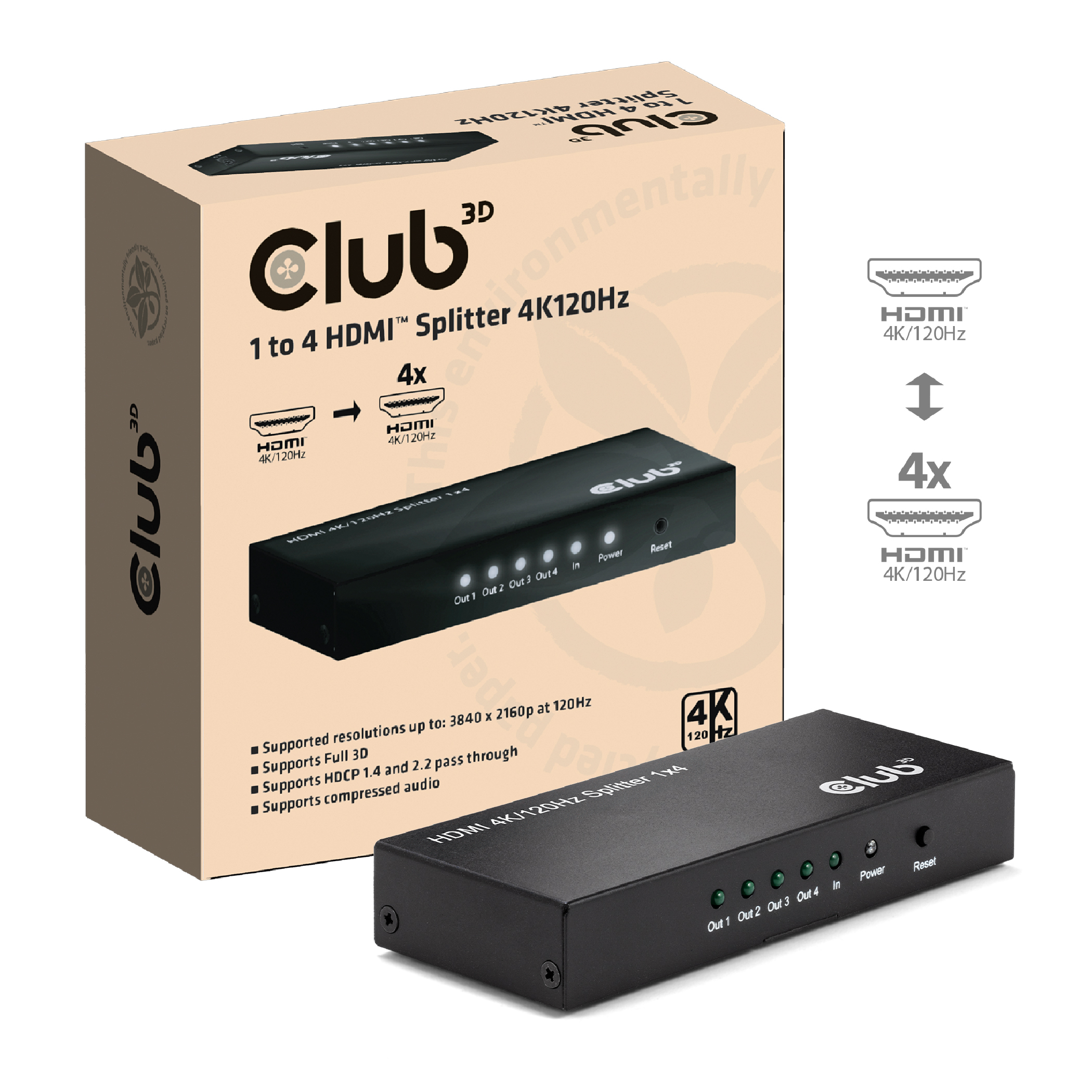 Club3D HDMI Splitter 1 Eingang -> 4 Ausgänge 4K120Hz UHD retail Club3D HDMI Splitter 1 Eingang -> 4 Ausgänge 4K120Hz UHD retail