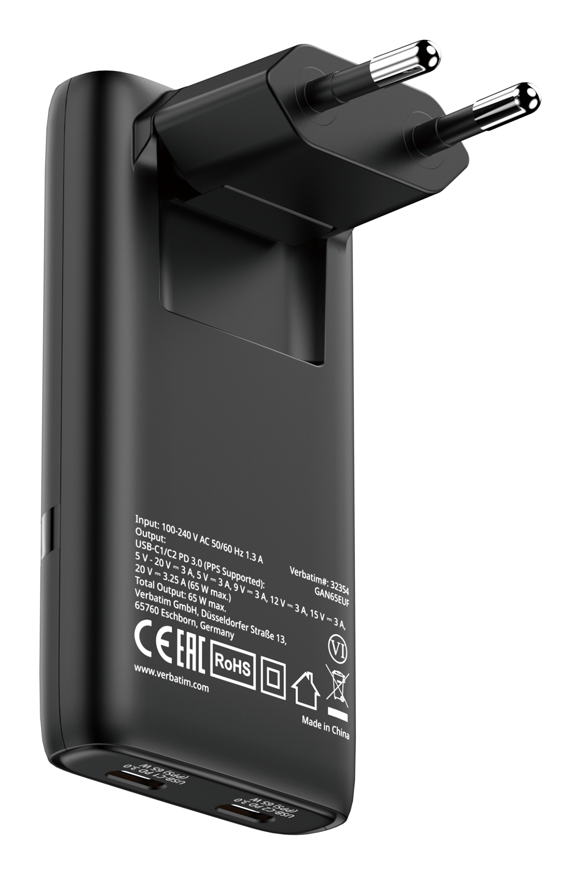 Verbatim GaN III Fold ´n´ Go Charger 2 Port 65W USB-C black