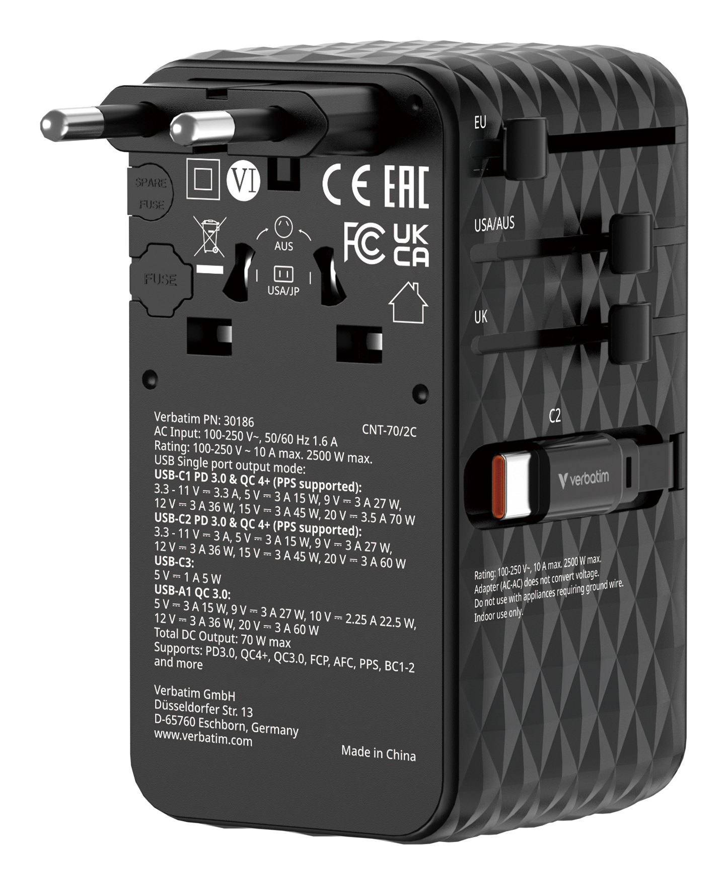 Verbatim Charge'n'Travel Adapter 70W 2C retractable black