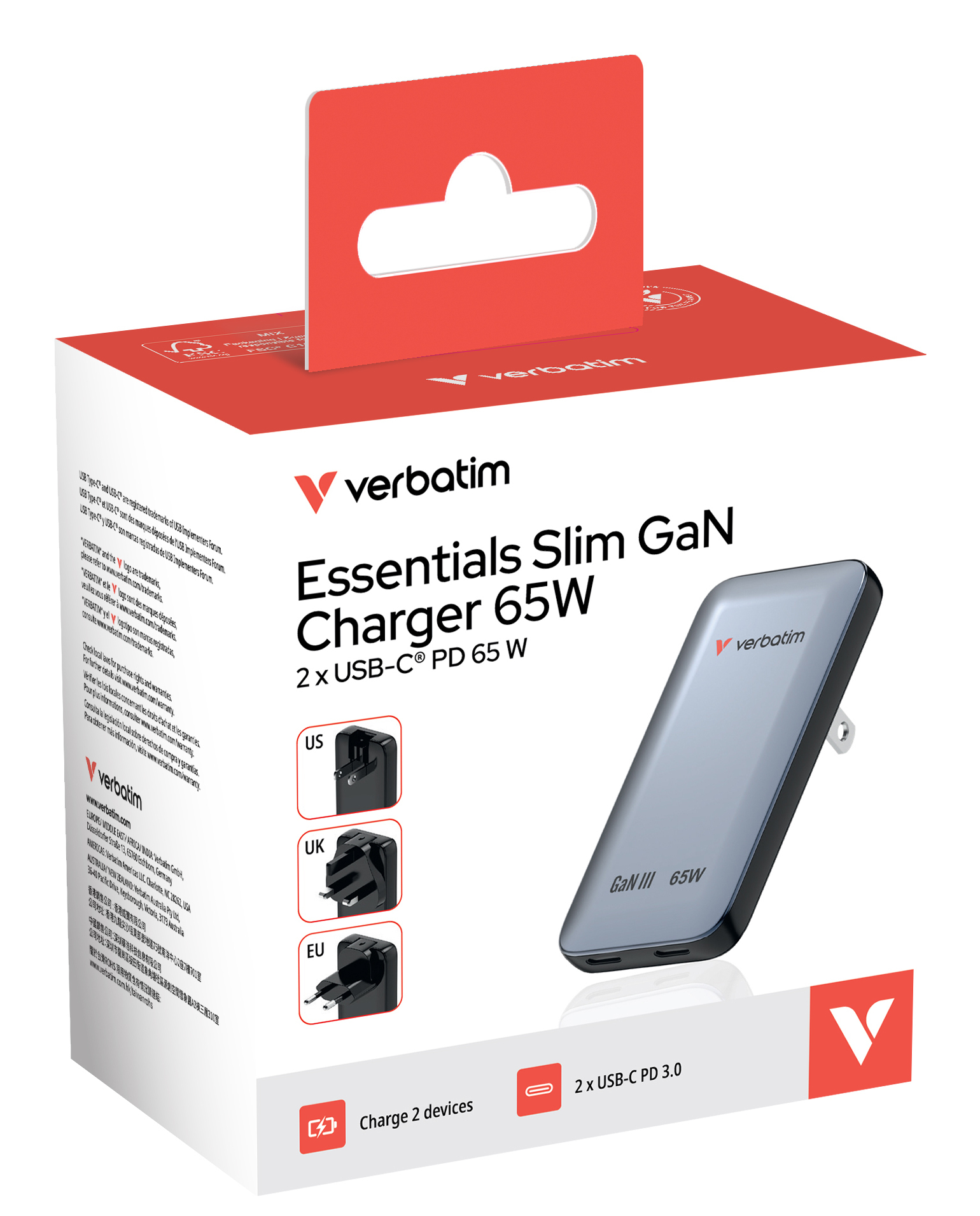 Verbatim Slim GaN Charger 2 Port 65W (EU/UK/US) Grey