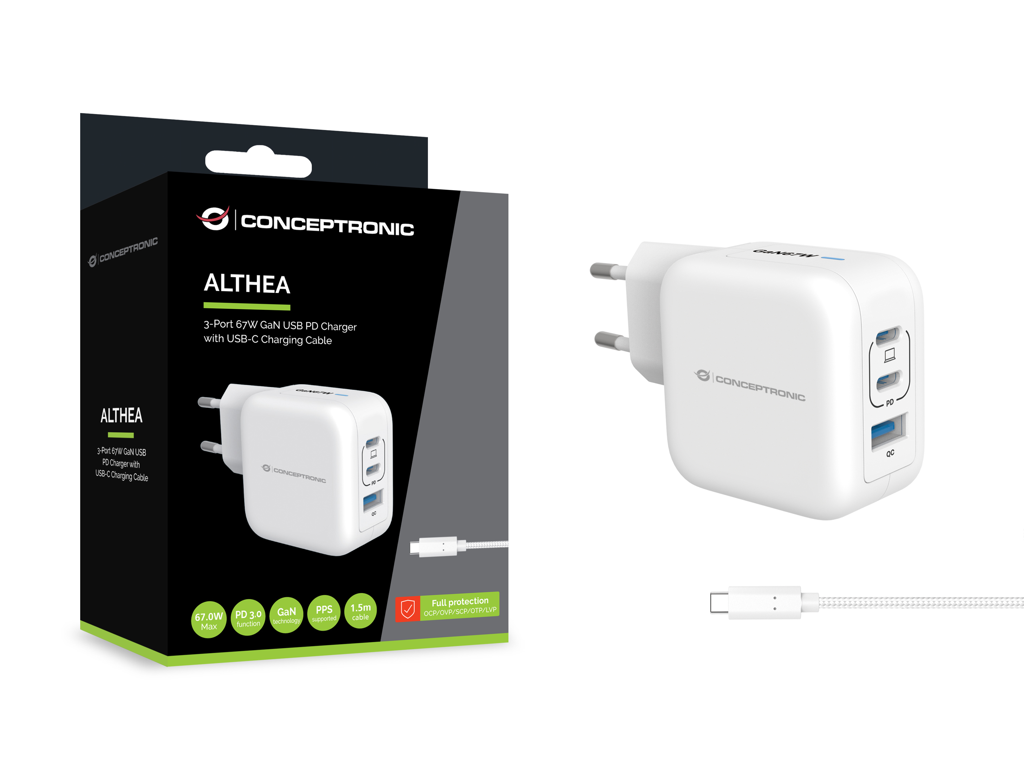 Conceptronic 3-Port 67W GaN USB-PD-Ladegerät mit USB-C-Ladekabel, USB-C x 2, USB-A x 1, QC 3.0, PPS