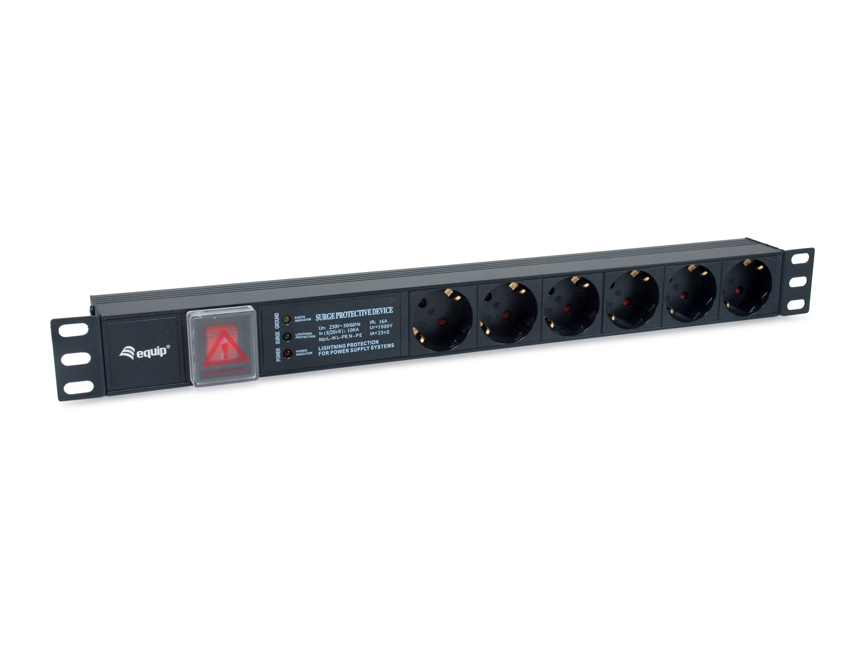 Equip 19" Steckdosenleiste 6xSchuko+Switch->St.90°ÜSS NF Alu