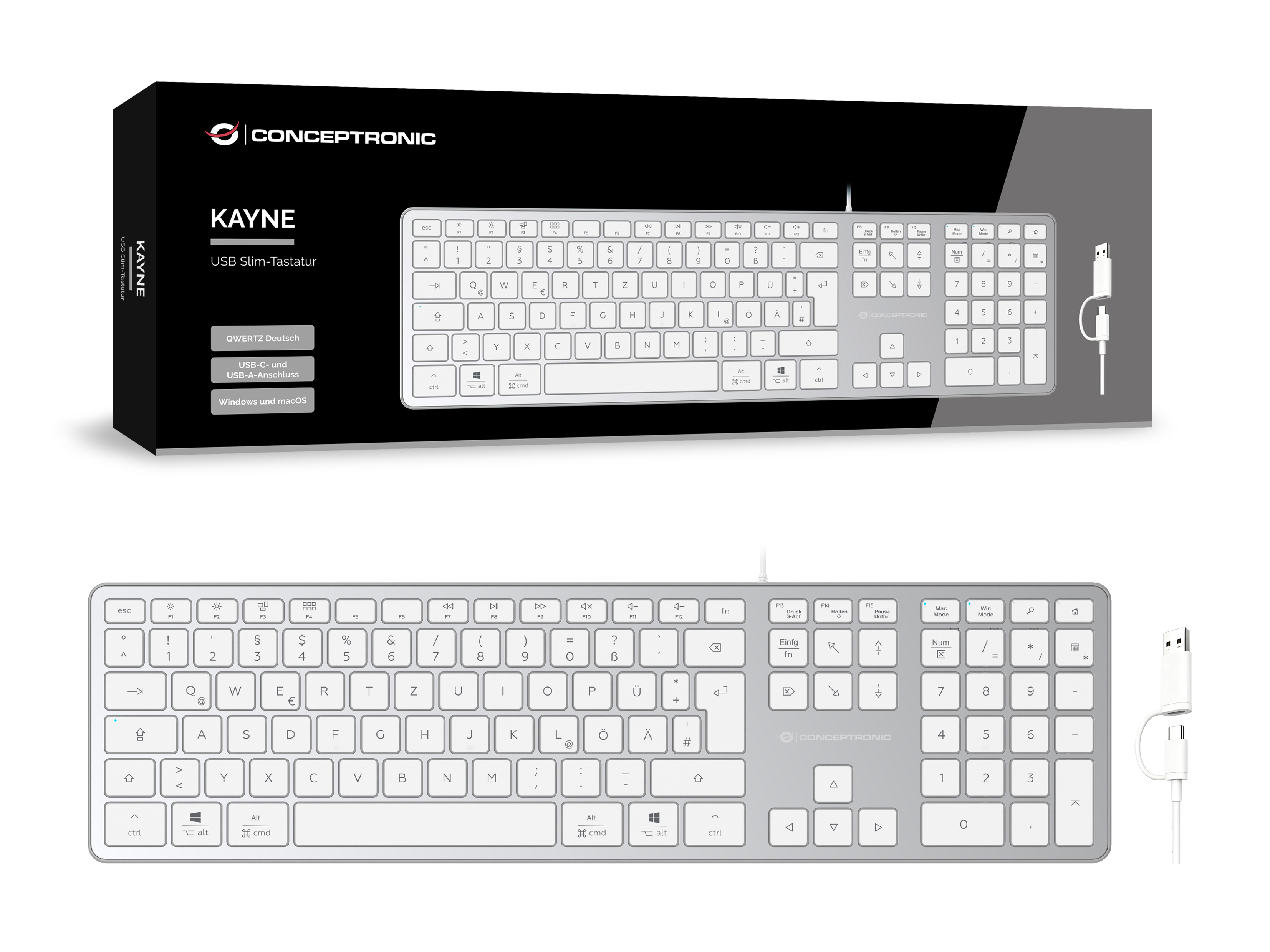 CONCEPTRONIC USB Tastatur slim USB-A/USB-C Layout DE ws