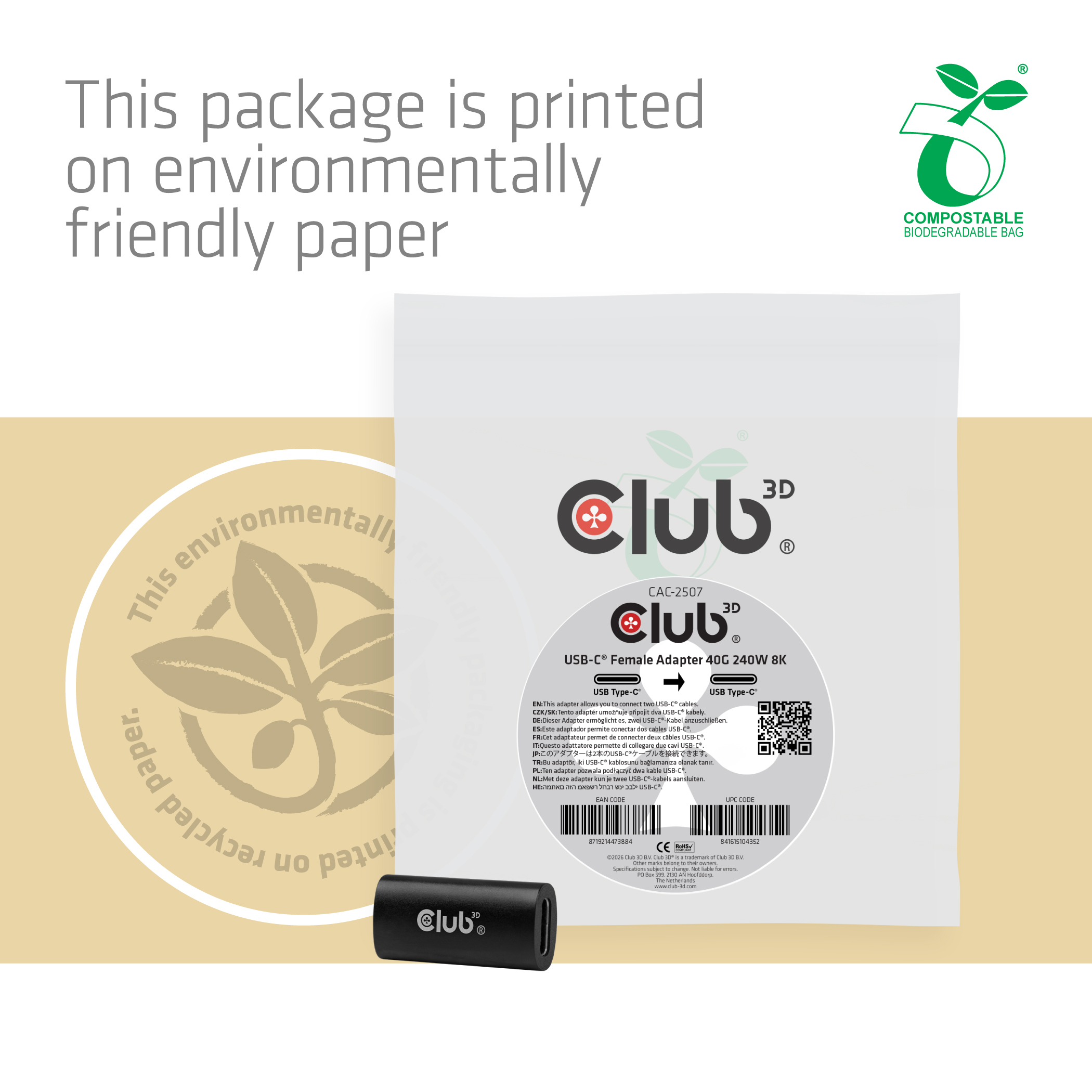 Club3D Adapter USB-C > USB-C 40Gbps       240W 8K@60Hz Bu/Bu retail