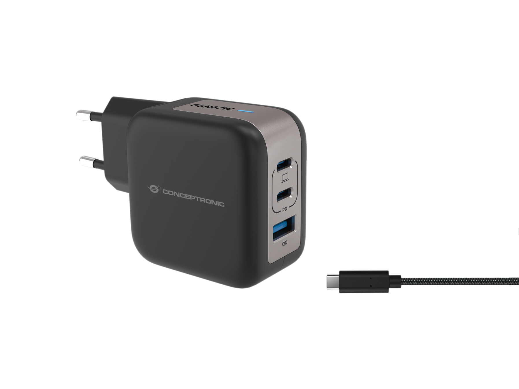 CONCEPTRONIC Ladegerät 3Port GaN 2xUSB-C/­1xA 67WPD3.0/­PPS sw CONCEPTRONIC Ladegerät 3Port GaN 2xUSB-C/­1xA 67WPD3.0/­PPS sw