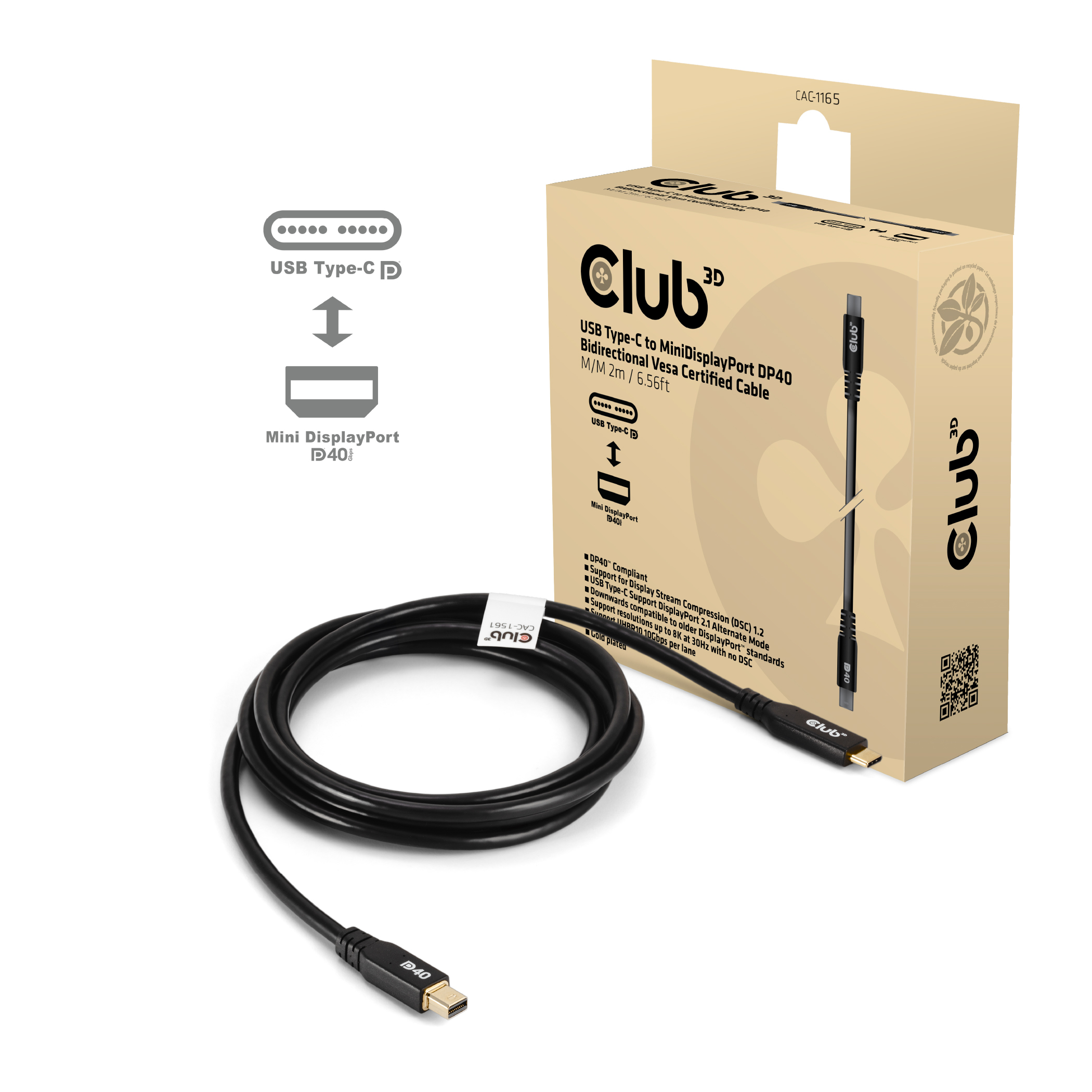 Club3D Kabel USB Typ C <-> MiniDP 2.1 2m 8K30Hz St/&shy;St retail