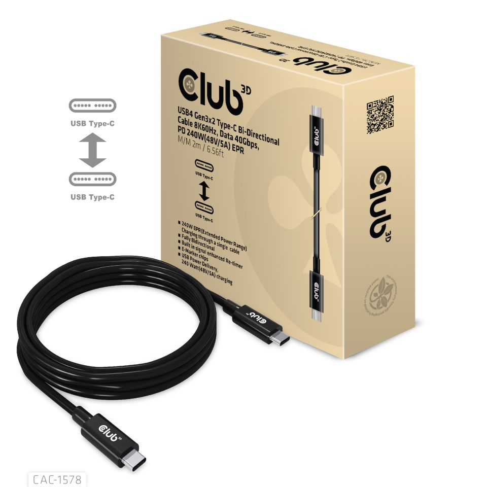 Club3D Kabel USB 4 Typ C PD 240W /­ 8K /­ 40Gbps 2m St/­St retail Club3D Kabel USB 4 Typ C PD 240W /­ 8K /­ 40Gbps 2m St/­St retail