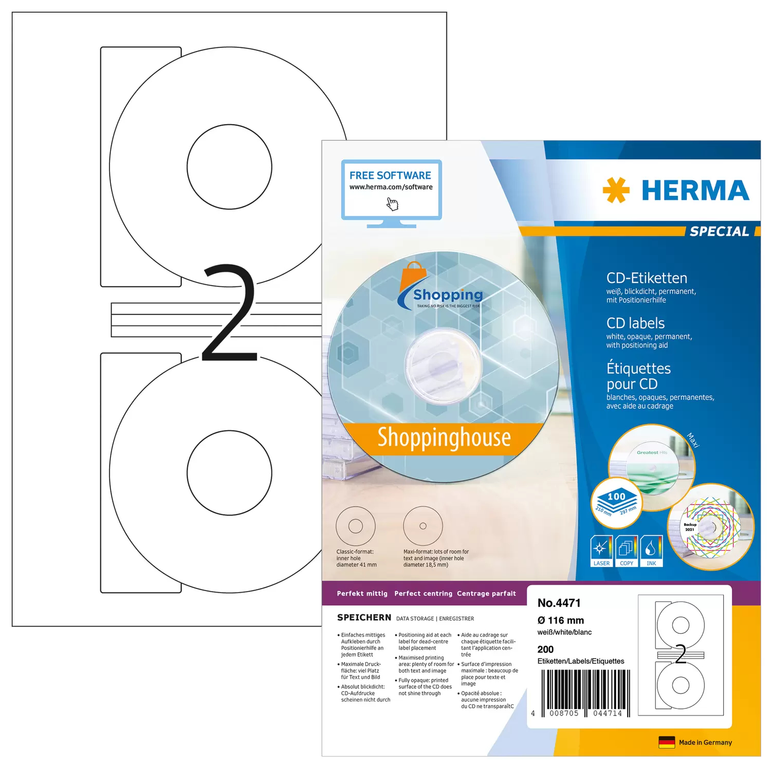 HERMA CD-Etiketten A4 weiß 116 mm Papier opak 200 St.