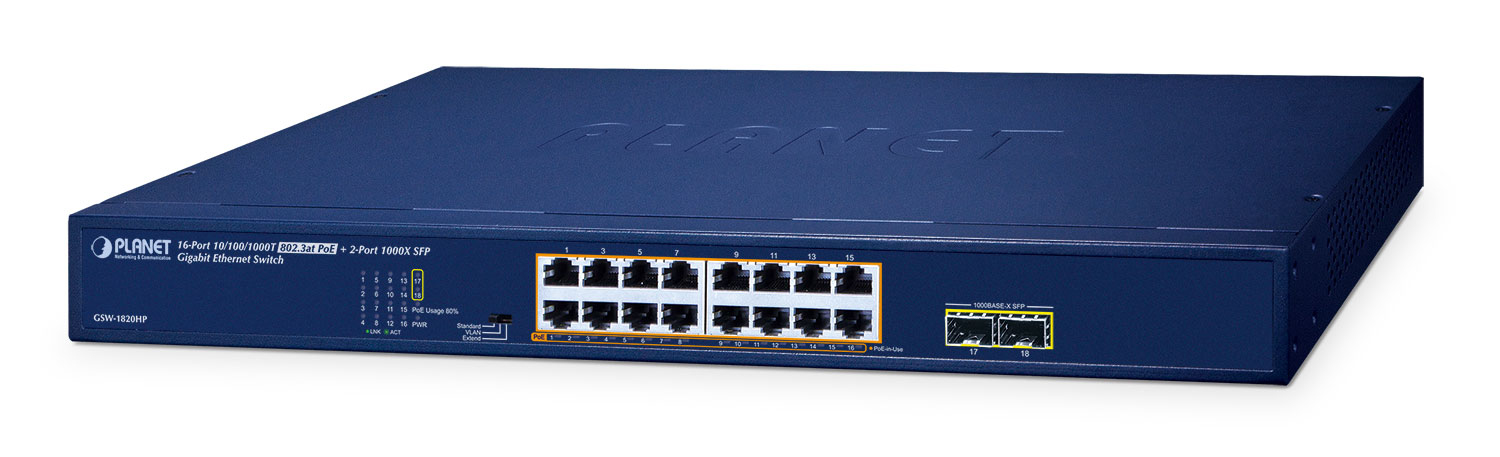 PLANET 16-Port 10/­100/­1000T 802.3at PoE 250W + 2-Port SFP PLANET 16-Port 10/­100/­1000T 802.3at PoE 250W + 2-Port SFP