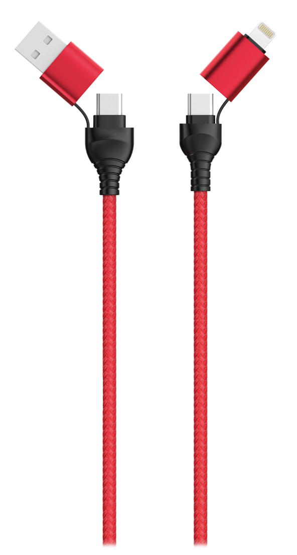 2GO USB /&shy; Type C Ladekabel 4 in 1 USB A, Lighn. 1,2m  rot