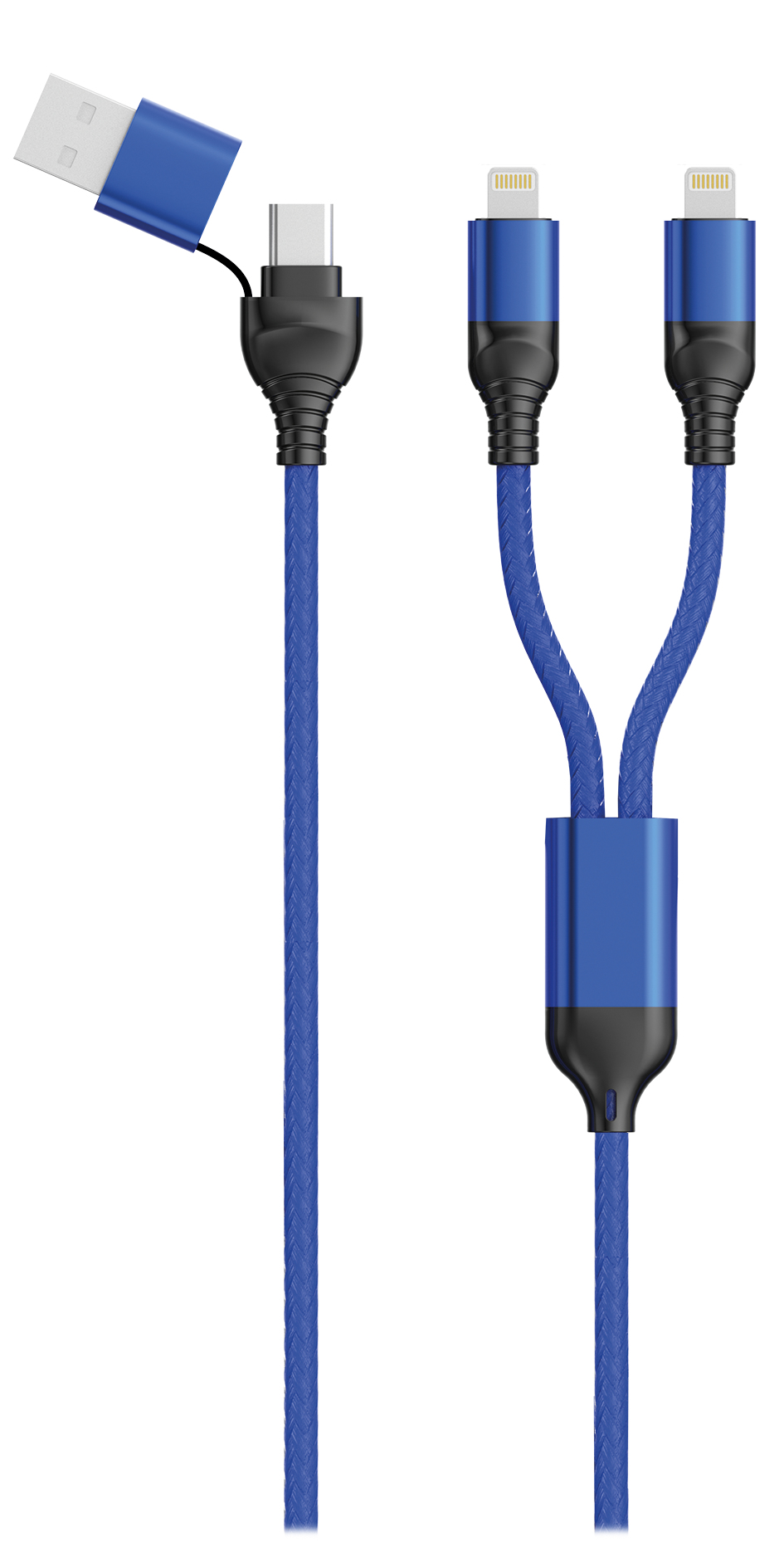 2GO USB /&shy; Type C Ladekabel DUO 2x Lightning Nylon 1,2m blau
