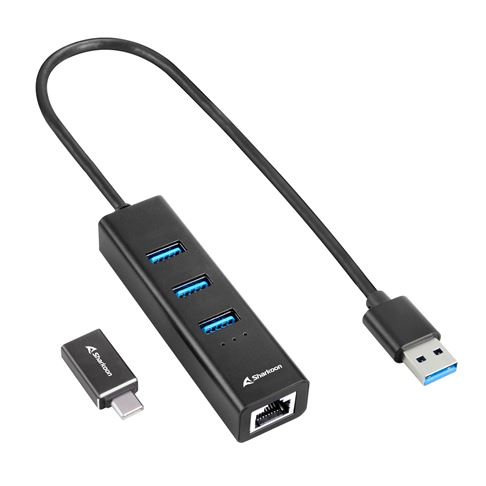 Sharkoon USB-Hub 3xUSB3.2 1xRJ45 45cm Kabel Aluminium schwar