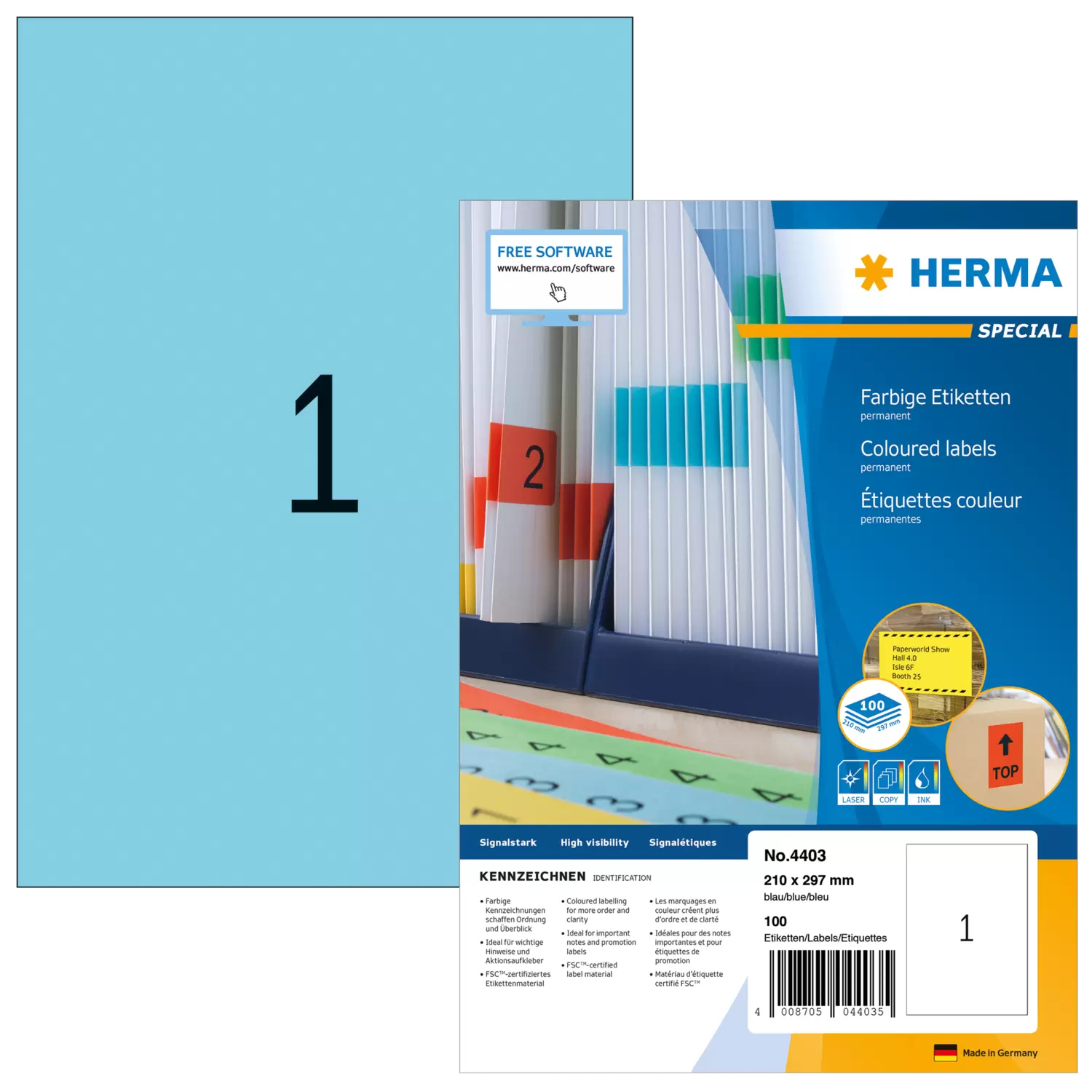 HERMA Etiketten A4 blau 210x297 mm Papier matt  100 St.