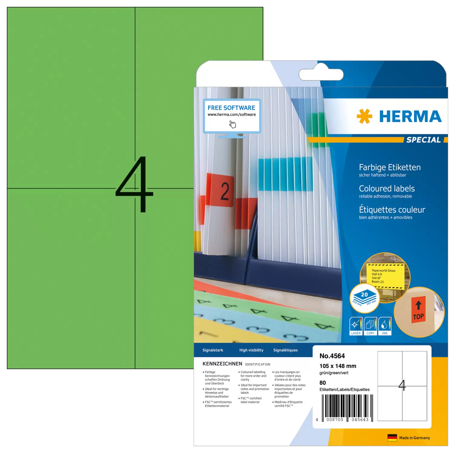 HERMA Etiketten A4 grün 105x148mm Papier matt ablösbar 80St.