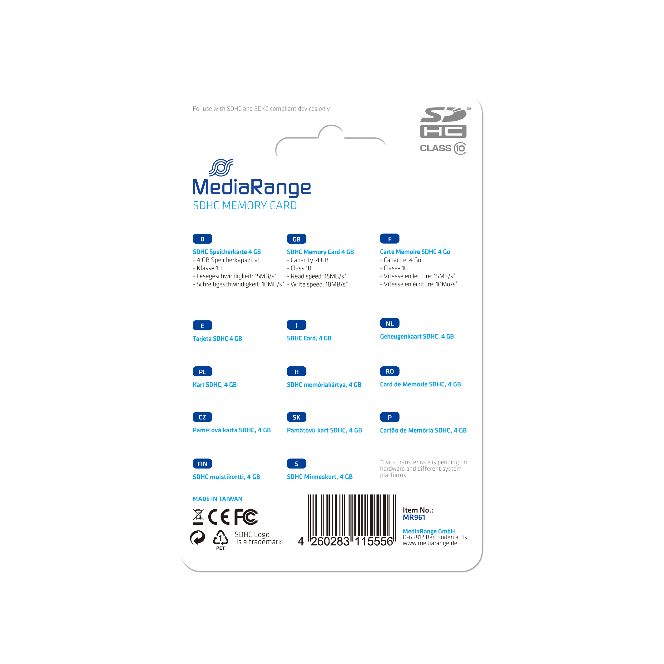 MediaRange SD Card  4GB SDHC CL.10