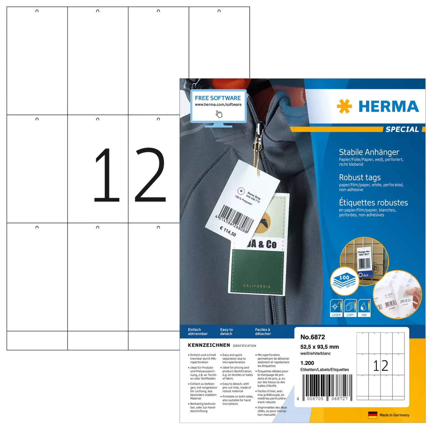 HERMA Anhäng. reißfest A4 52,5x93,5 mm weiß  perf.  1200 St.