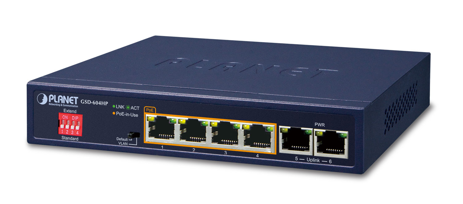 PLANET 4-Port 10/&shy;100/&shy;1000T 802.3at PoE + 2-Port