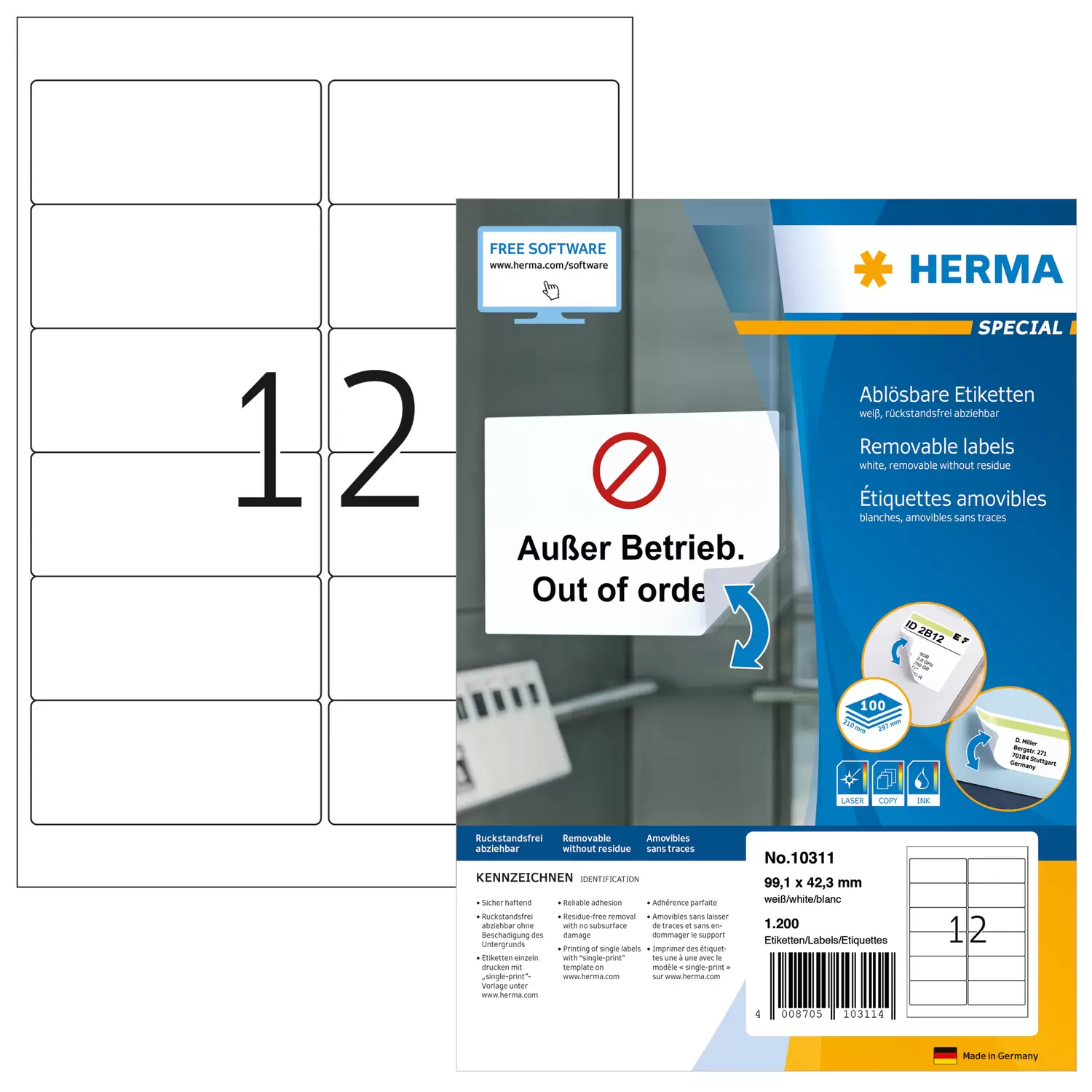 HERMA Adressetiketten A4 weiß 99,1x42,3 mm ablösb. 1200 St.