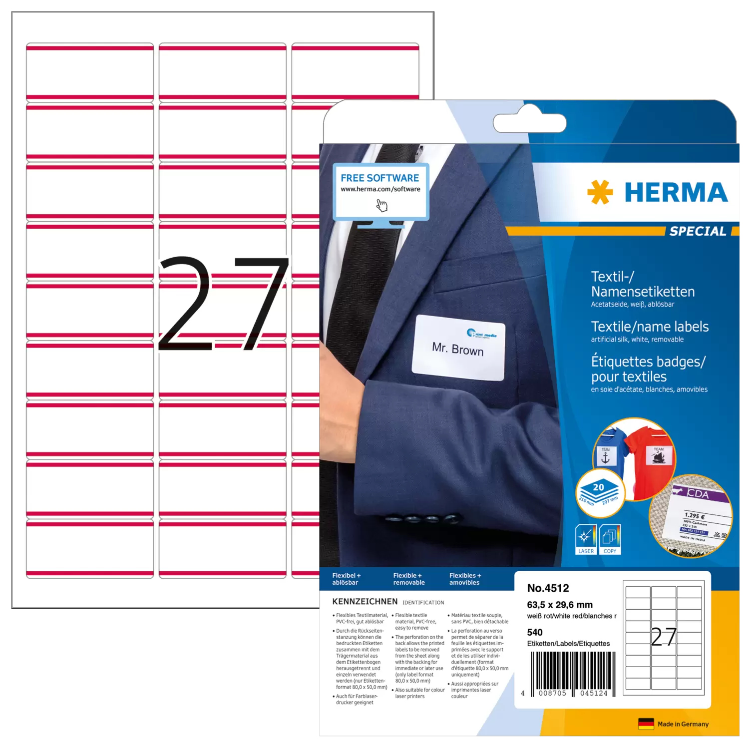 HERMA Textil/­Namensetiketten A4 63,5x29,6mm weiß/­rot 540St. HERMA Textil/­Namensetiketten A4 63,5x29,6mm weiß/­rot 540St.