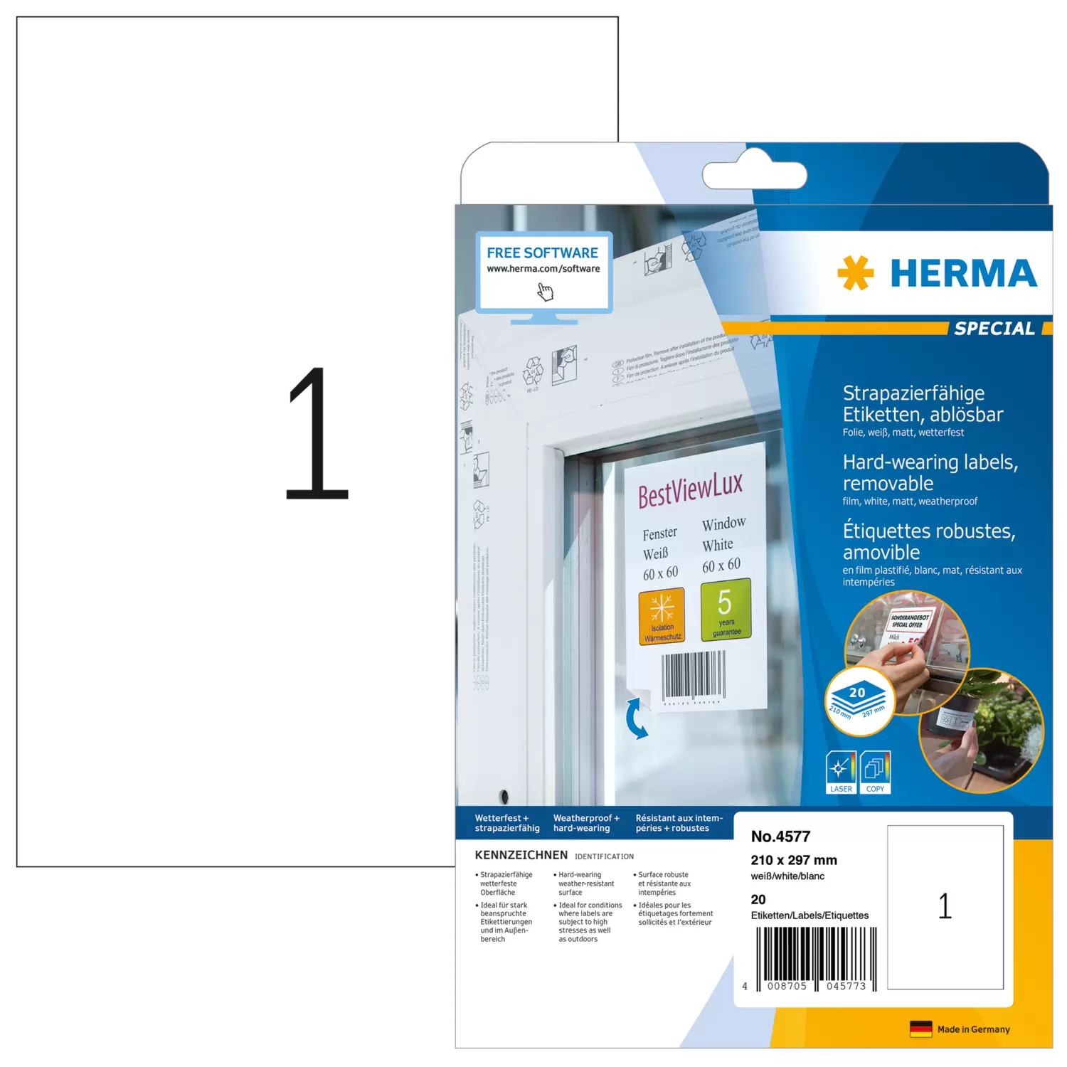 HERMA Folien-Etiketten A4 210x297mm weiß ablösbar 20St.