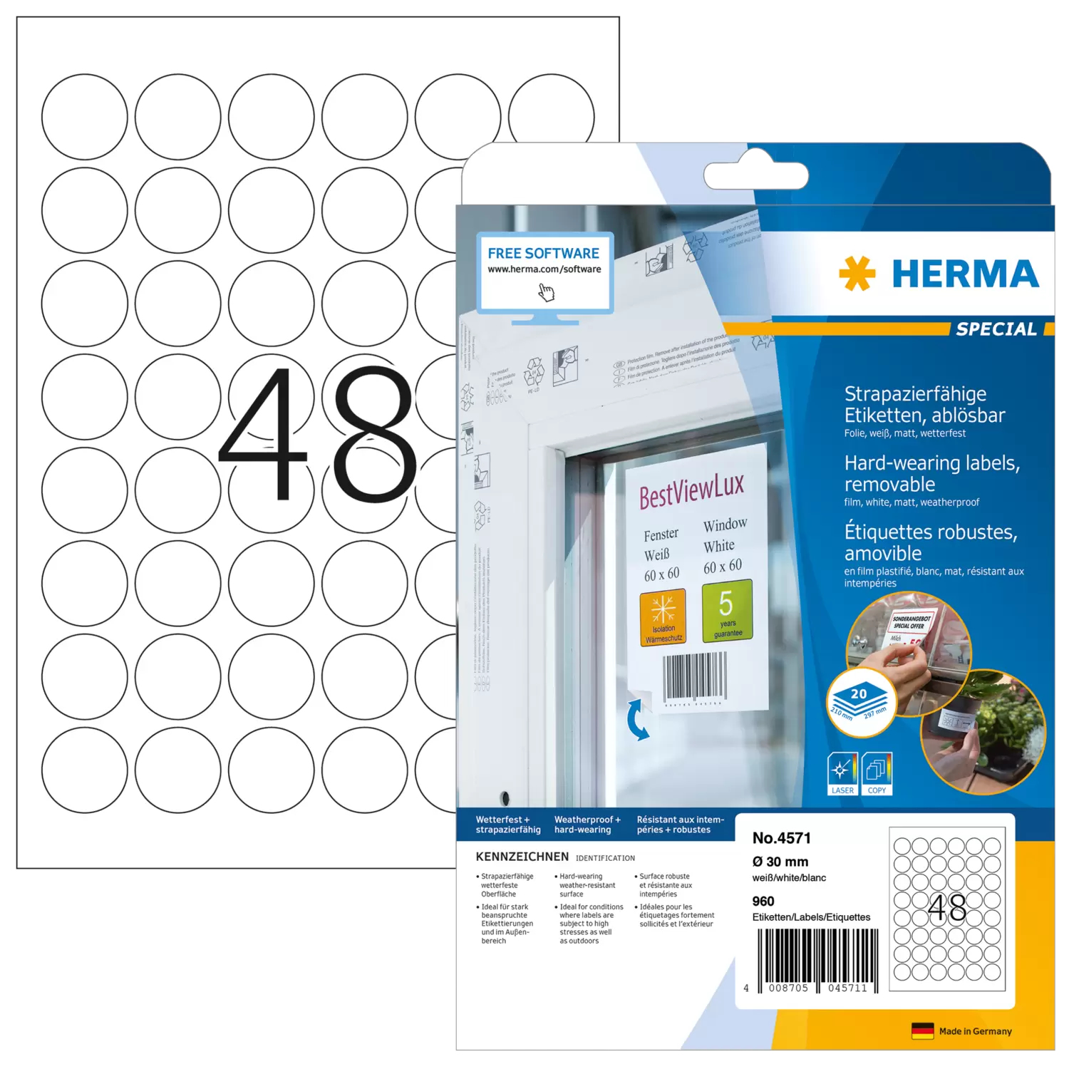 HERMA Folien-Etiketten A4 30mm weiß ablösbar 960St.