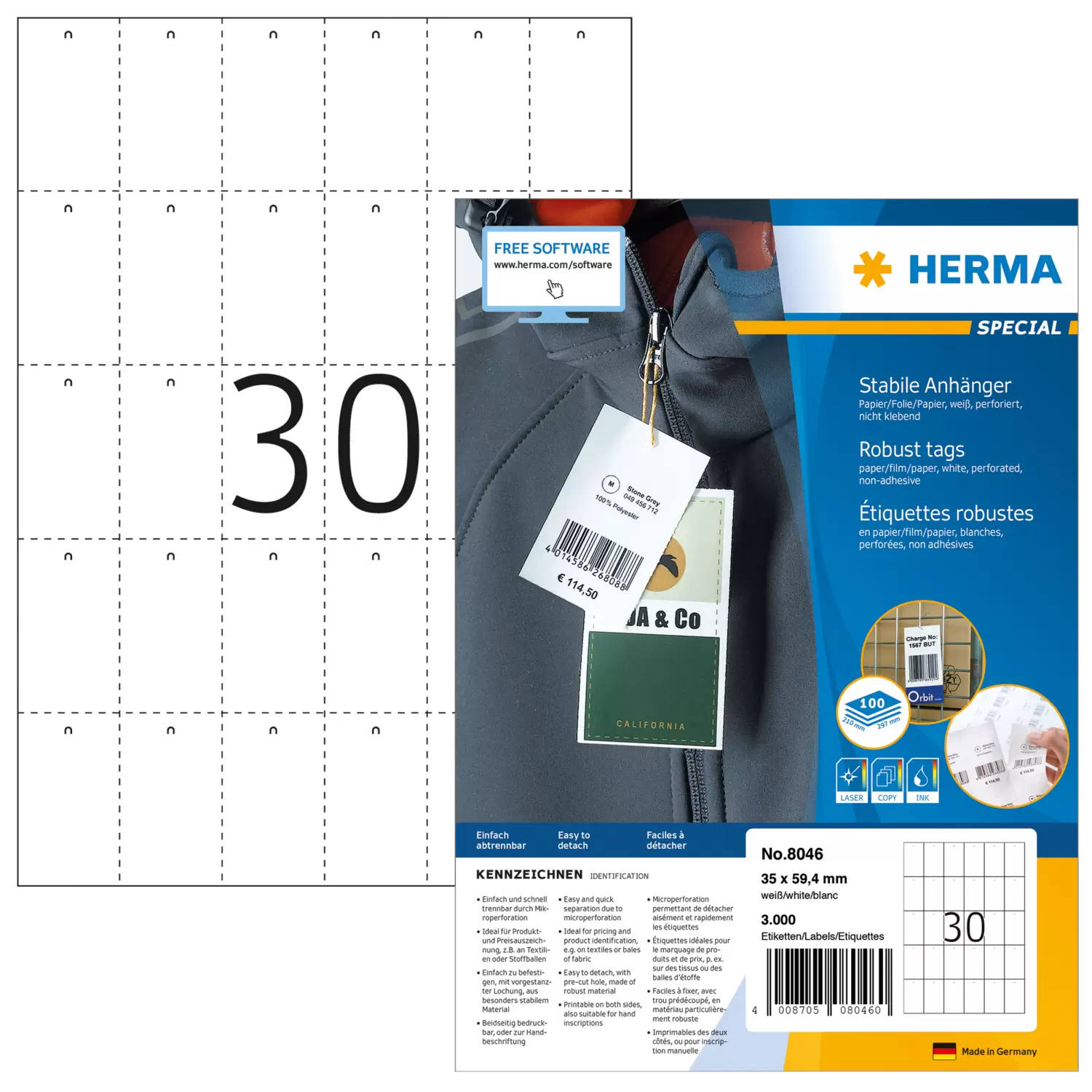 HERMA Anhäng. reißfest A4 35x59,4  mm weiß perfor. 3000 St.