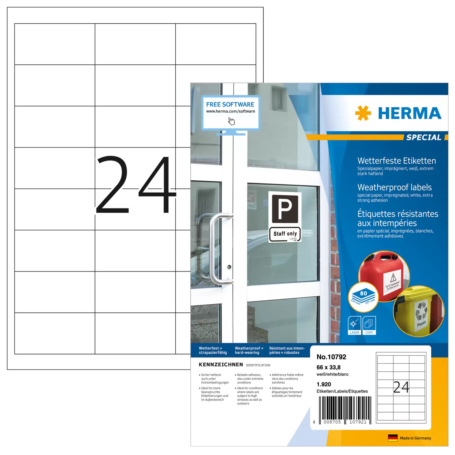 HERMA Wetterfeste Imprägn.Etik.A4 80 Blatt 66x33.8