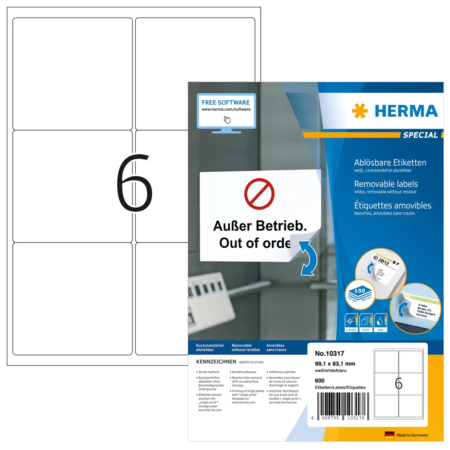 HERMA Adressetiketten A4 weiß 99,1x93,1 mm opak 600 St.