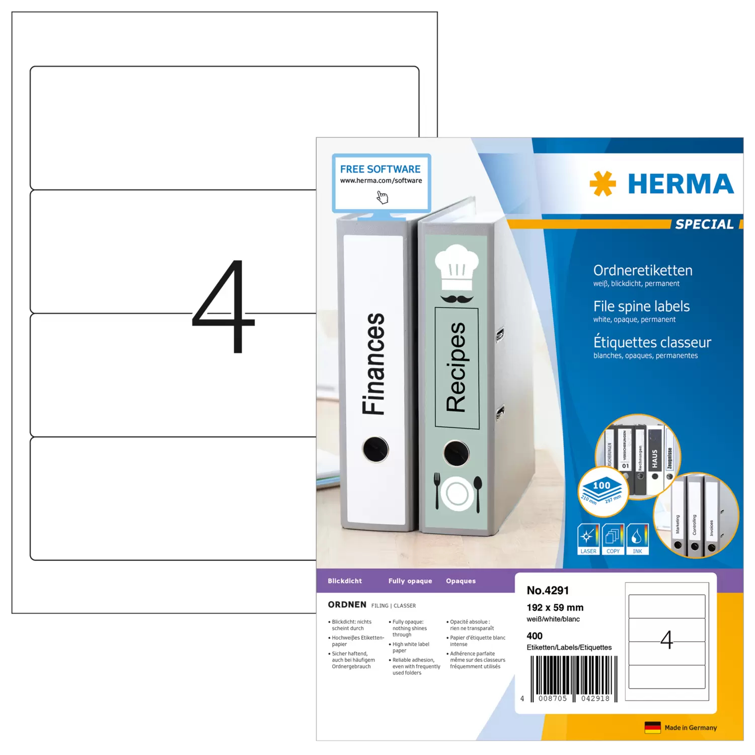 HERMA Ordneretiketten A4 weiß 192x59 mm Papier opak 400 St.