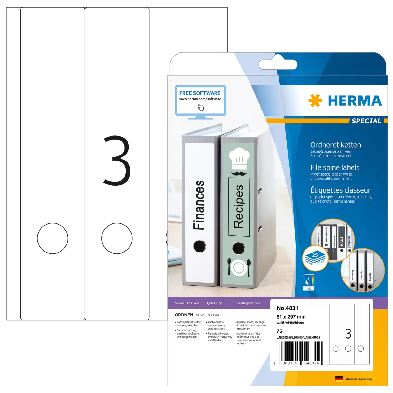 HERMA Inkjet Ordneretik. A4 weiß 61x297 mm Papier  75 St.